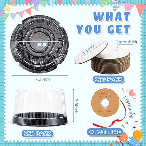 Miniatura 2 de Juexica Contenedor de plástico desechable de 6 pulgadas con tableros gruesos para tartas, portador de pasteles con tapa de cúpula transparente,