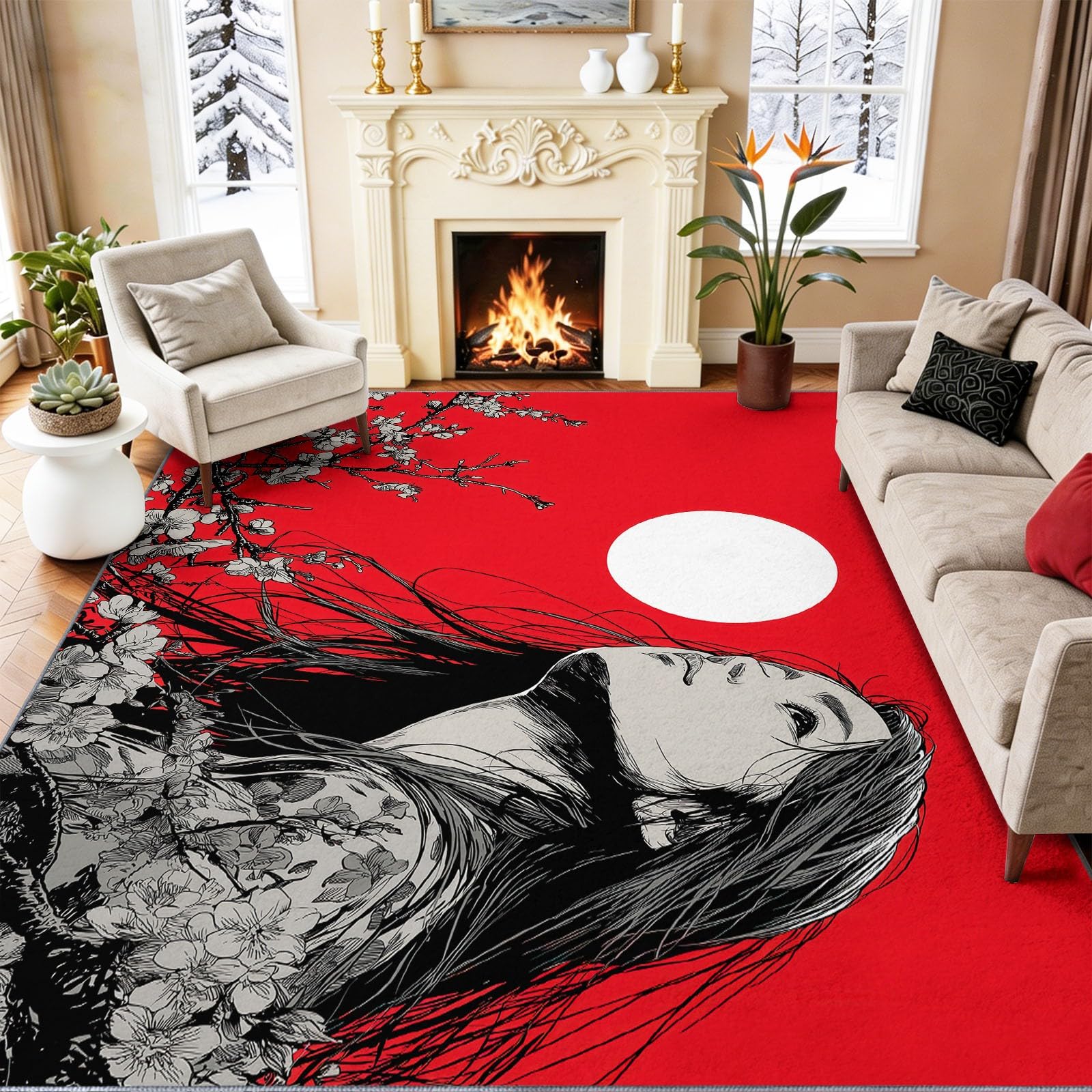 Dywan do salonu, 120 x 170 cm, tradycyjny orientalny anime dziewczęcy kwiatowy dywan miękki dywan z krótkim włosiem, zmywalny i antypoślizgowy, odporny na plamy do salonu, sypialni, biura, czerwony