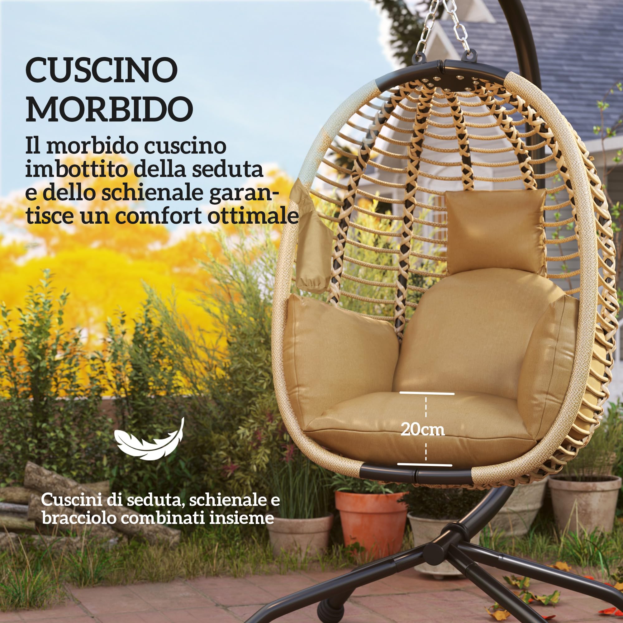 Outsunny Poltrona Sospesa a Uovo con Gancio, Cuscino Imbottito e Poggiatesta, Sedia a Dondolo da Giardino Pieghevole, Base a X in Acciaio, per Interni ed Esterni, 110x100x188 cm, Beige