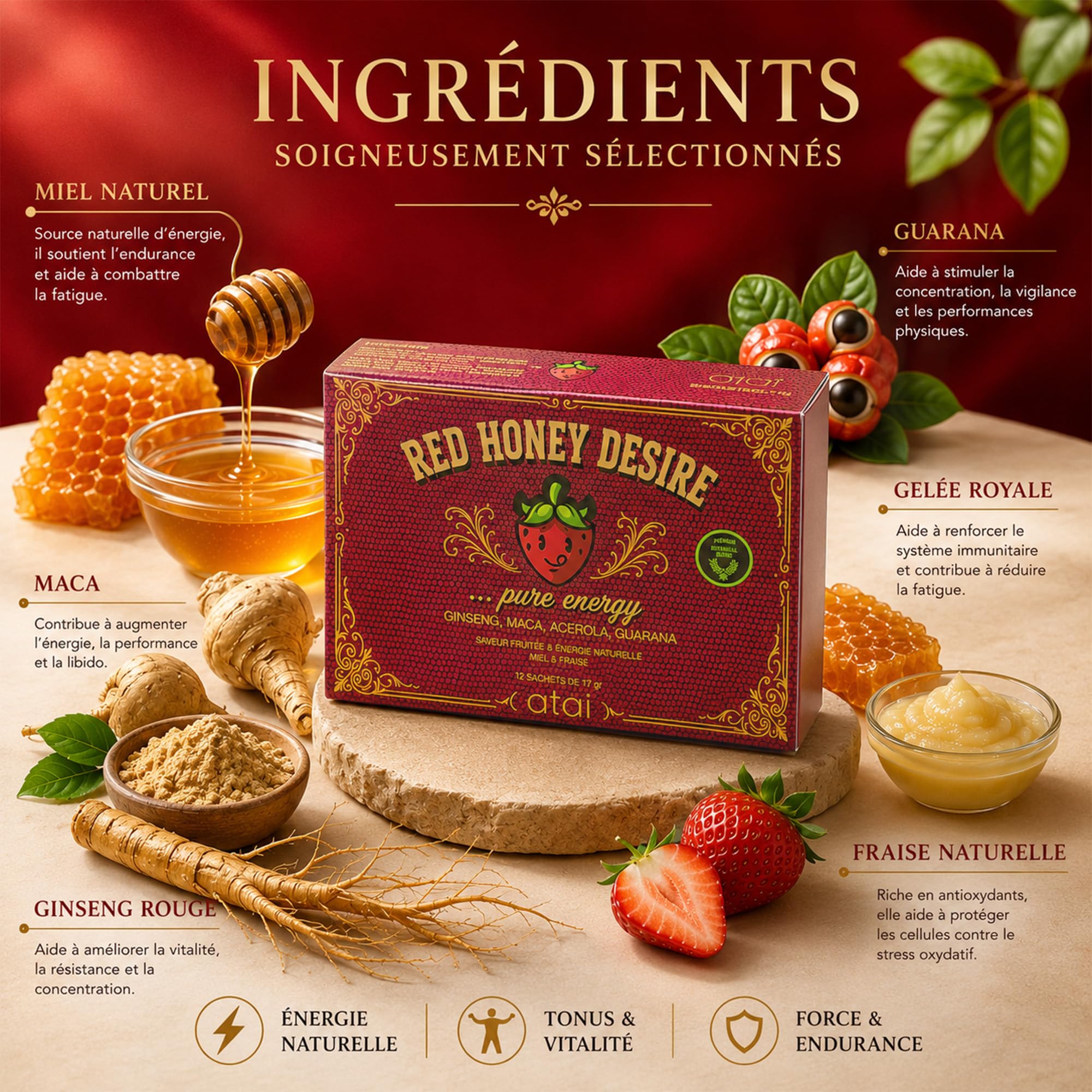 ATAI | RED HONEY DESIRE | TONUS MASCULIN | Miel Énergisant Homme | Ginseng Rouge Maca Guarana Gelée Royale Acérola | Énergie Naturelle & Vitalité | Saveur Miel Fraise | 12 Sachets de 17 g
