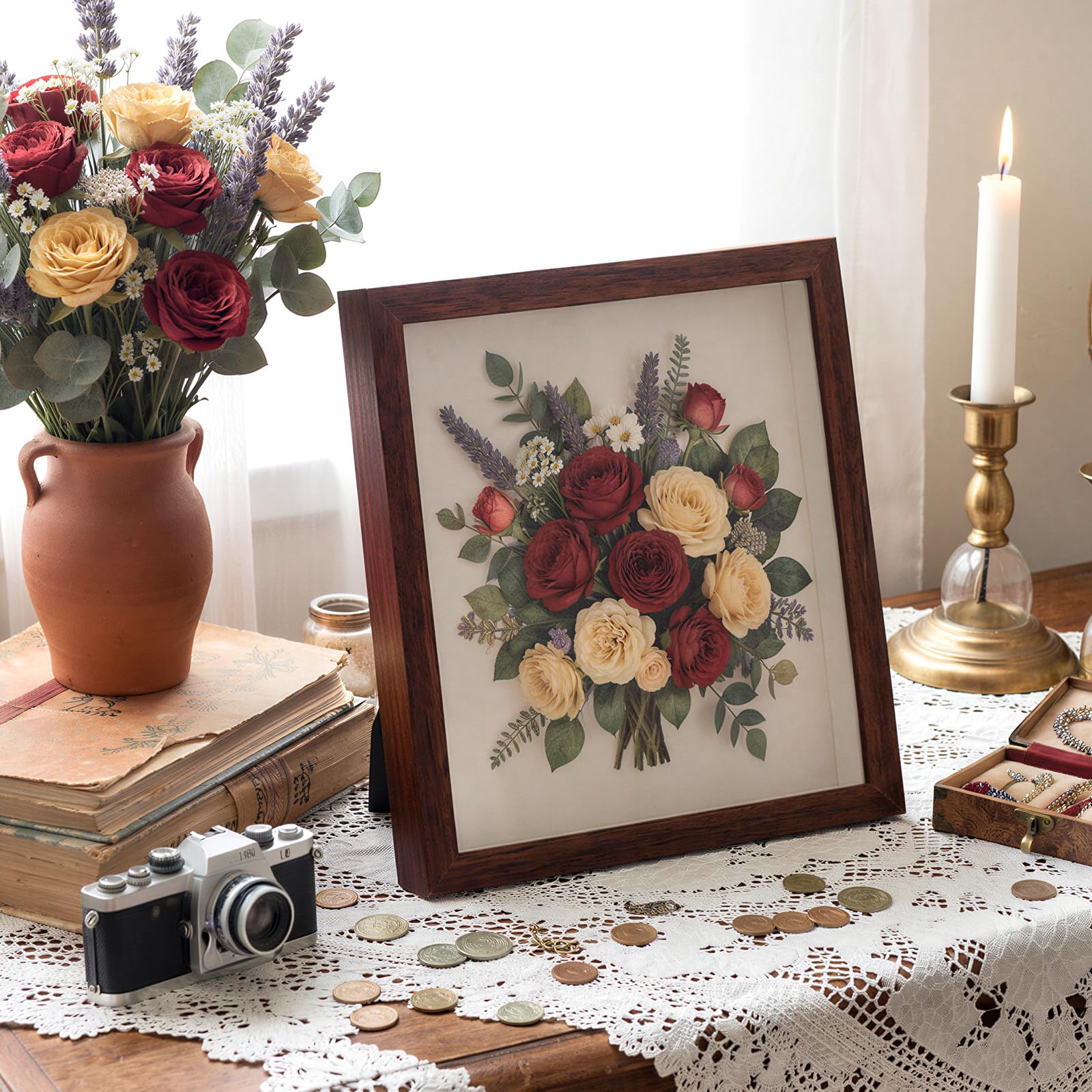 Ripeng Lot de 16 cadres photo pour bouquet de mariage, loisirs créatifs, ticket, Saint-Valentin, Pâques, médaille, bricolage mural ou cadeau de table (25,4 x 25,4 cm, noyer)