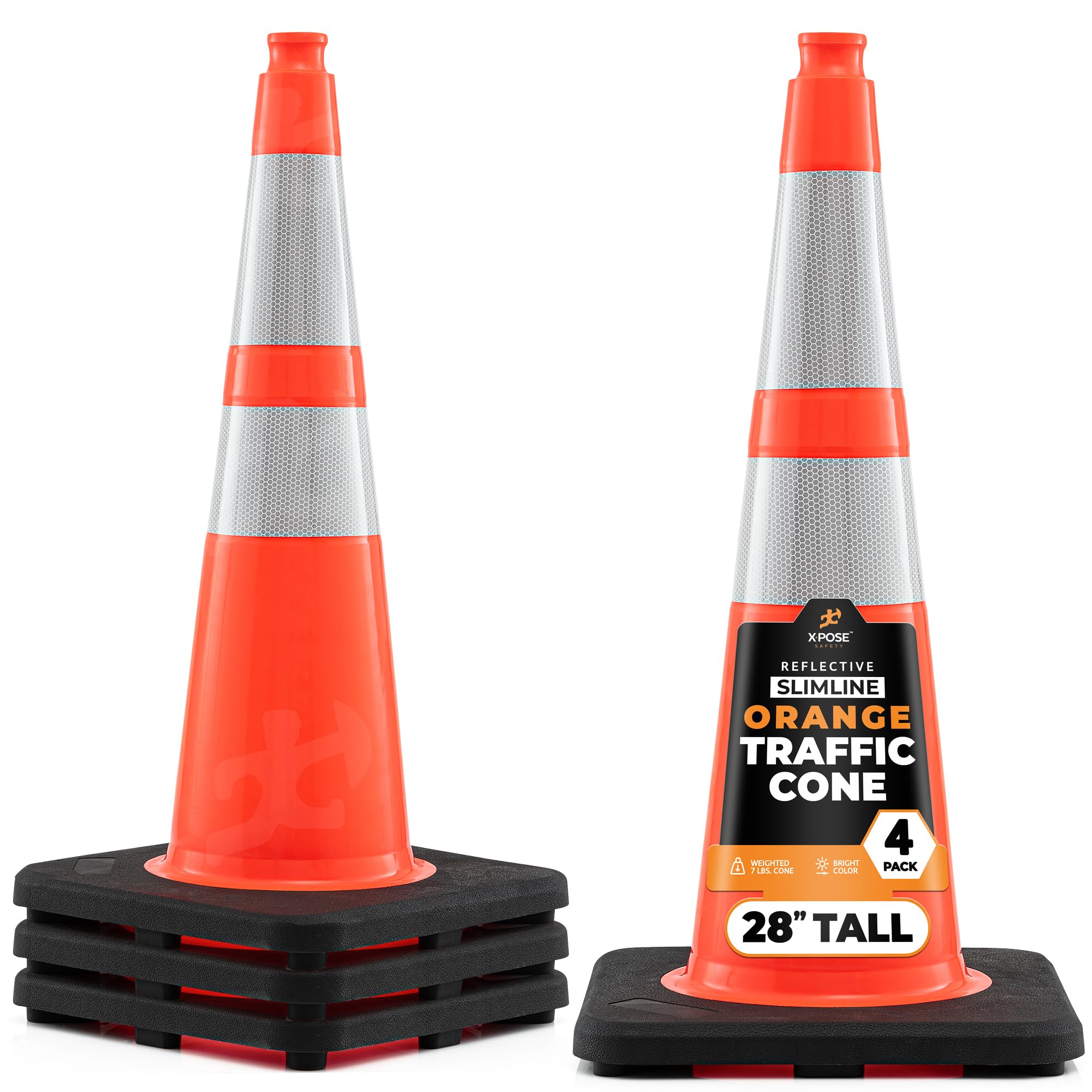 Xpose Safety 28 Inch Orange Slim Line Traffic Cones with 6" & 4" Collars | 4 Pack Multipurpose PVC Plastic Safety Cone for Parking, Soccer, Caution, Kids & Construction - DOT Approved