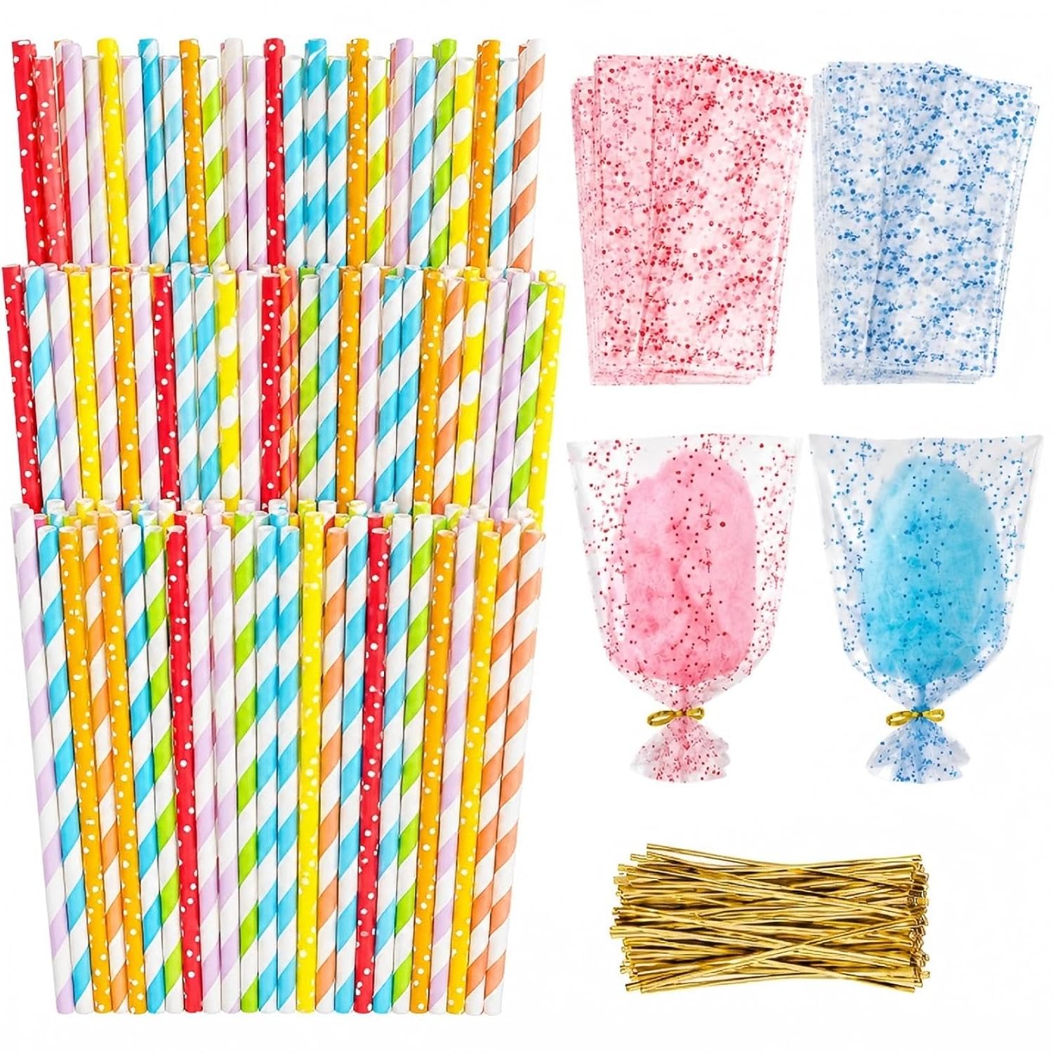 200 Pack Cotton Candy Sticks and Bags Set with Twist Ties for Parties | Colorful paper sticks, parties and festivals, 200 sticks at 13.8 in, 100 red and 100 blue bags, 200 gold twist ties
