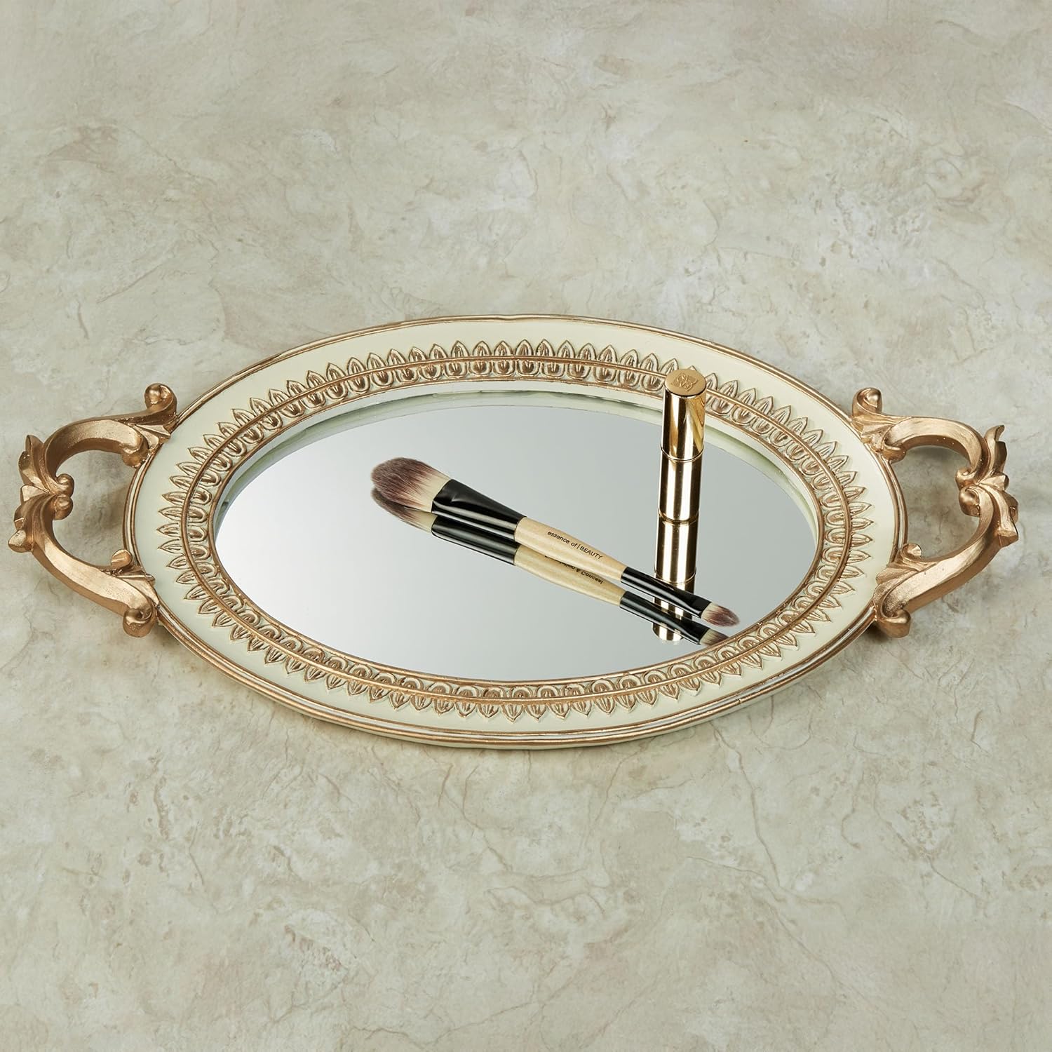 Palecia Mirrored Vanity Tray | Neutral Ivory | Metallic Gold Acanthus Leaf Scrollwork Handles & Traditional Trim Details | Oval Glass Mirror Bottom | Perfect for Your Fine Perfume, Jewelry, or Makeup