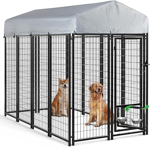 PUKAMI Perrera exterior de 8 x 4 x 6 pies para perros grandes, alambre soldado de alta resistencia, valla para perros con techo y cuenco giratorio
