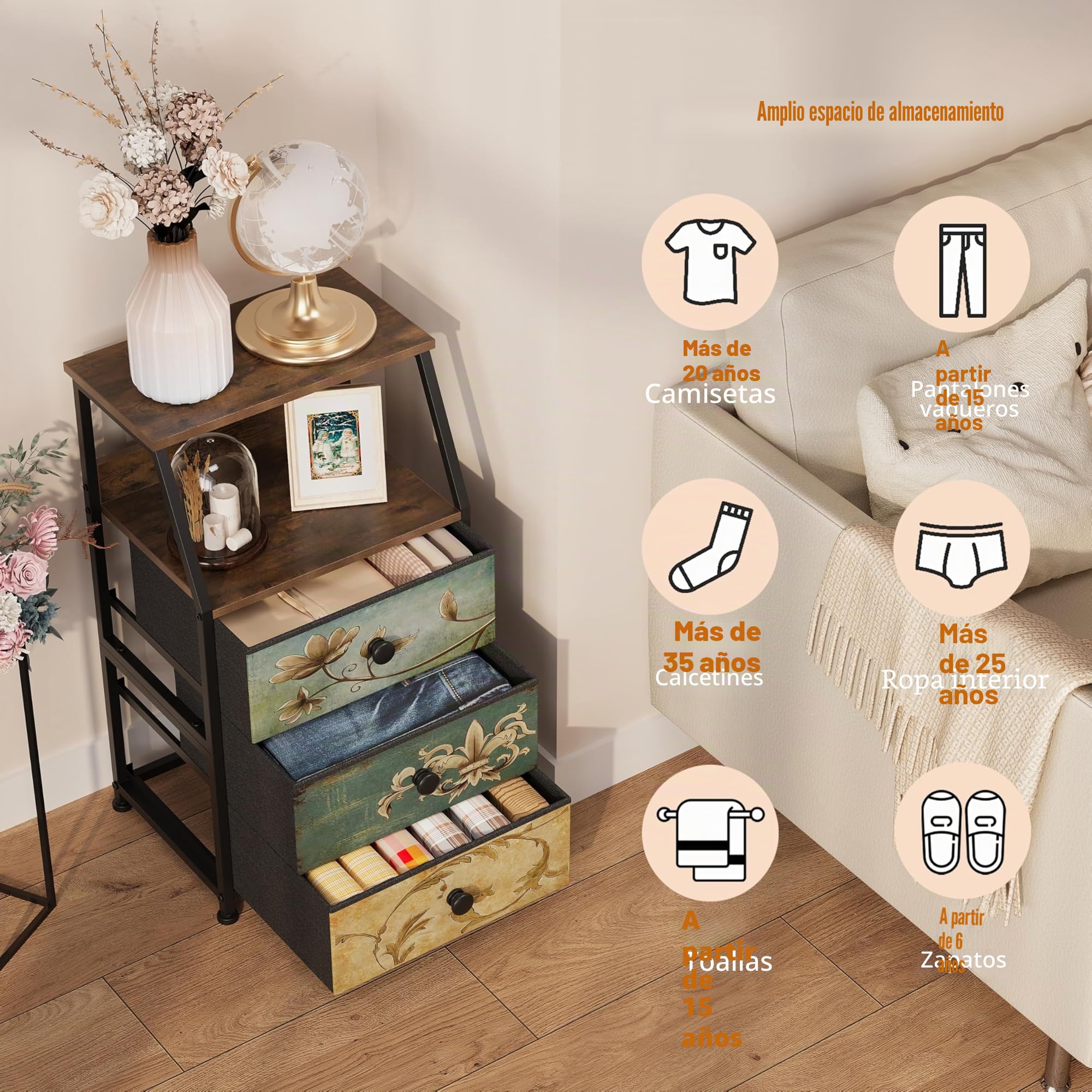 VEDECASA Cómoda con 3 cajones de tela con estante abierto, tocador bohemio, armario de almacenamiento, mesita de noche, mesa auxiliar para dormitorio, sala de estar