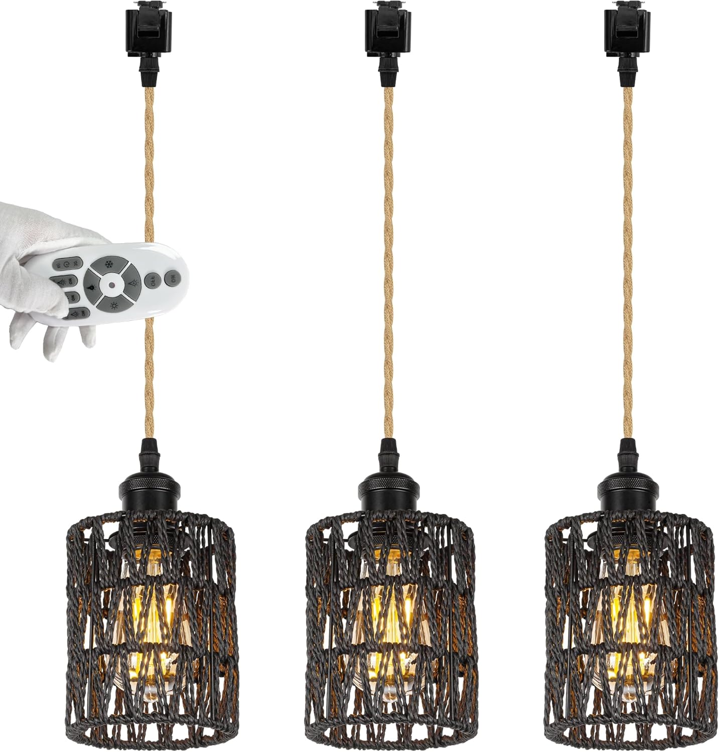 J Type Track Lighting Pendants Twine Natural Rattan Black Shade Modern Remote Control with Dimmable Color Warmth Bulbs Pendant Lights Decorate for Kitchen Island Customizable
