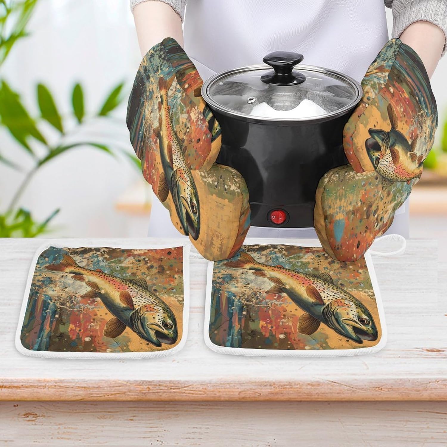 Vintage Trout Fish Jumping Oven Mitts and Pot Holders 4Pcs Set Heat Resistant Cooking Mitts Hot Pads