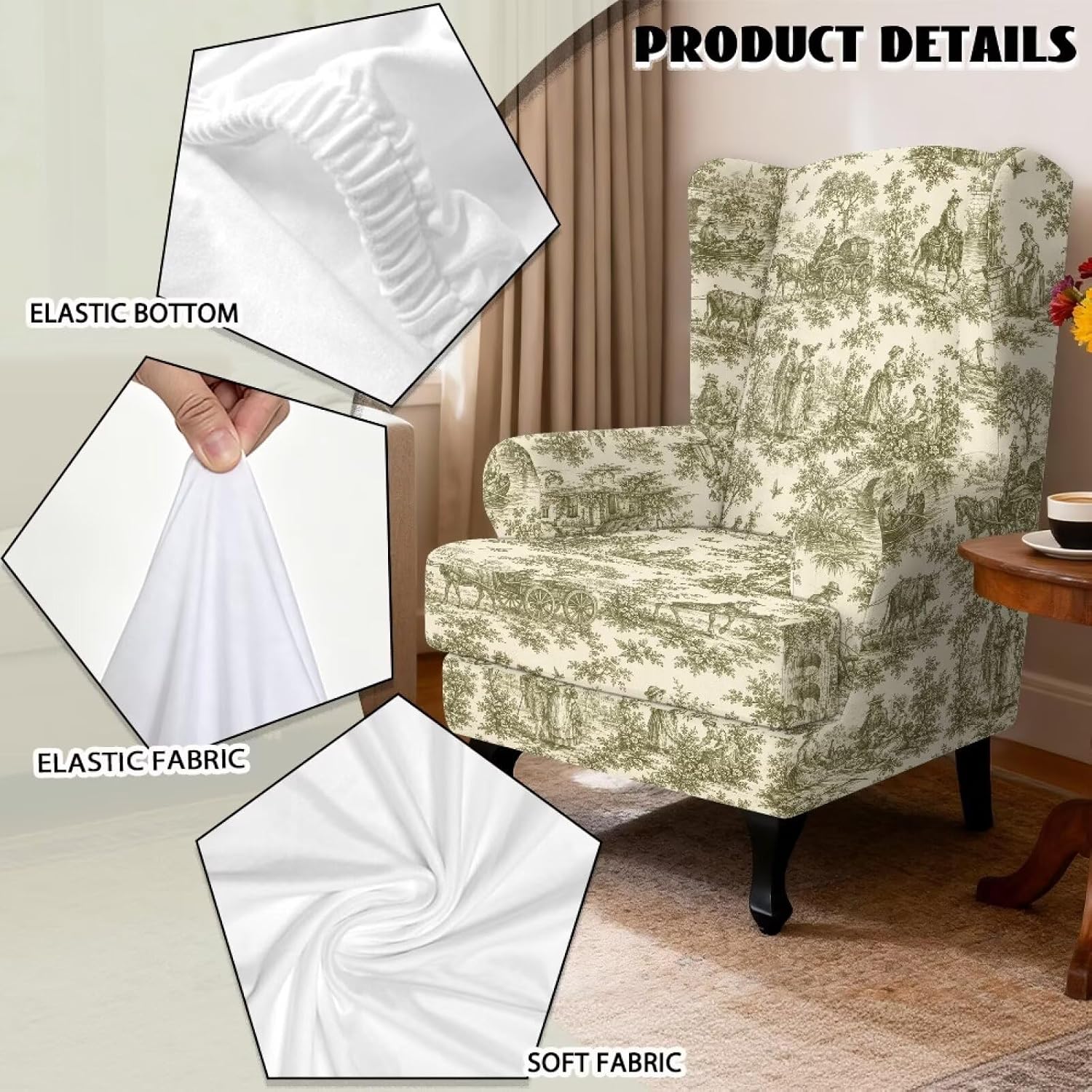Vintage Toile De Jouy Pattern Wingback Chair Cover, Dustproof Wingback Chair Slipcovers with Elastic Bottom Wingback Soft Sofa Slipcover Arm Chair Furniture Protector for Pets