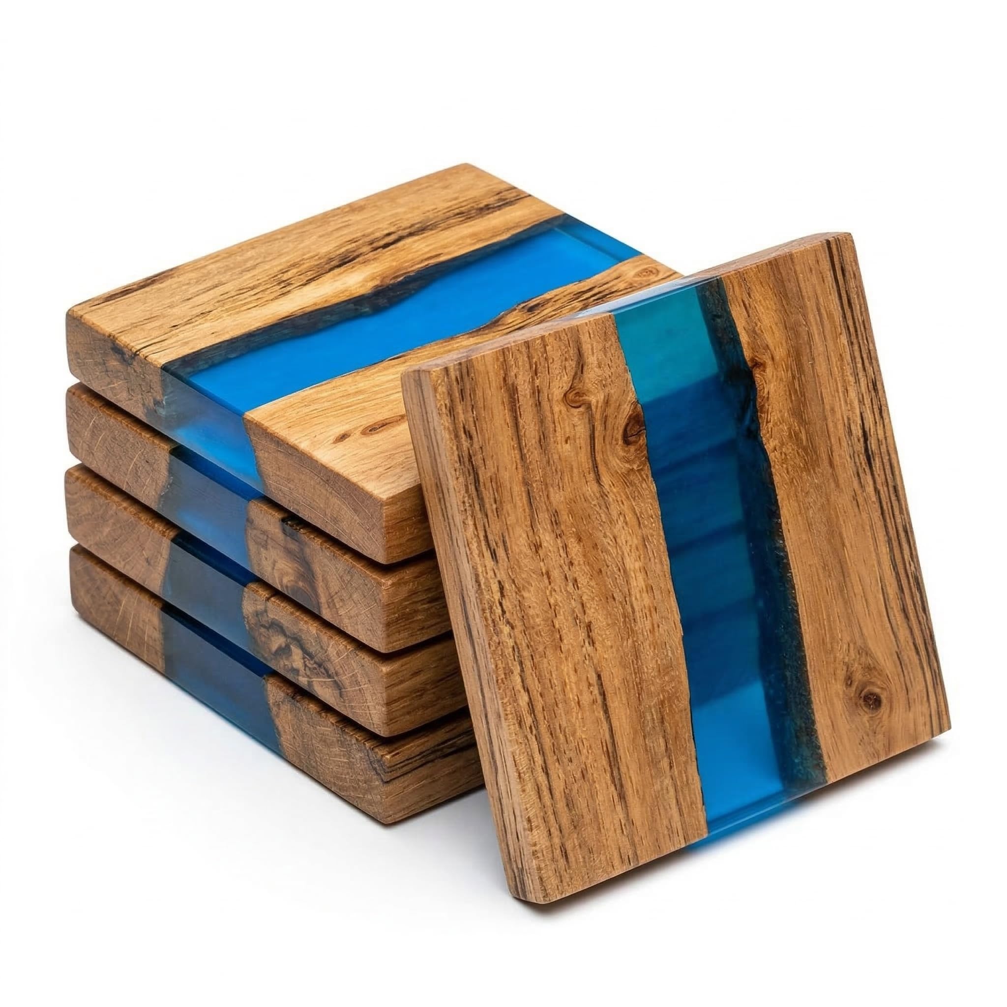 Coaster Set of 4 for Dining Table – Premium Wooden Coasters with Blue River Resin Design – Tea, Coffee & Glass Drink Coasters – Luxury Table Coasters for Office Desk, Kitchen & Home Decor-image-1