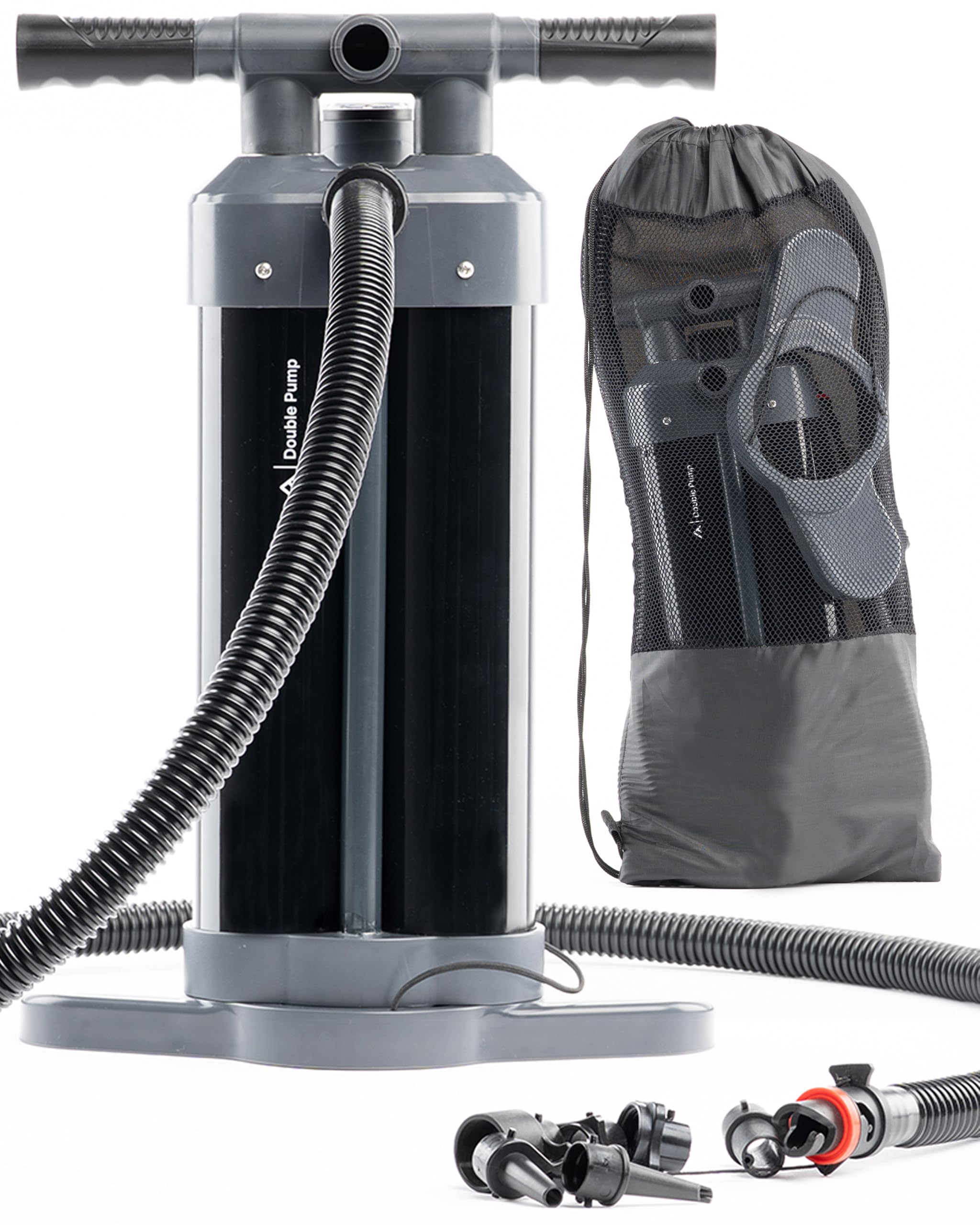 qeedo Luftpumpe Double Pump Doppelhub-Handpumpe 29 PSI/2,0 bar, Triple-Action, Manometer, für SUP, Kajak, Zelt & Luftmatratze