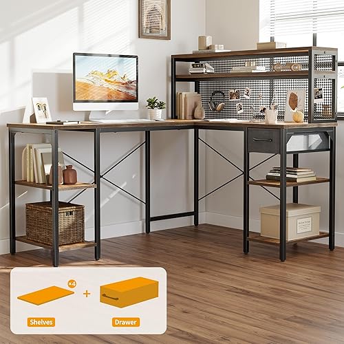 Miniatura 20 de CubiCubi Escritorio en forma de L con gabinete, escritorio de esquina de 58 pulgadas con cajón, mesa de juegos para oficina en casa, estación de