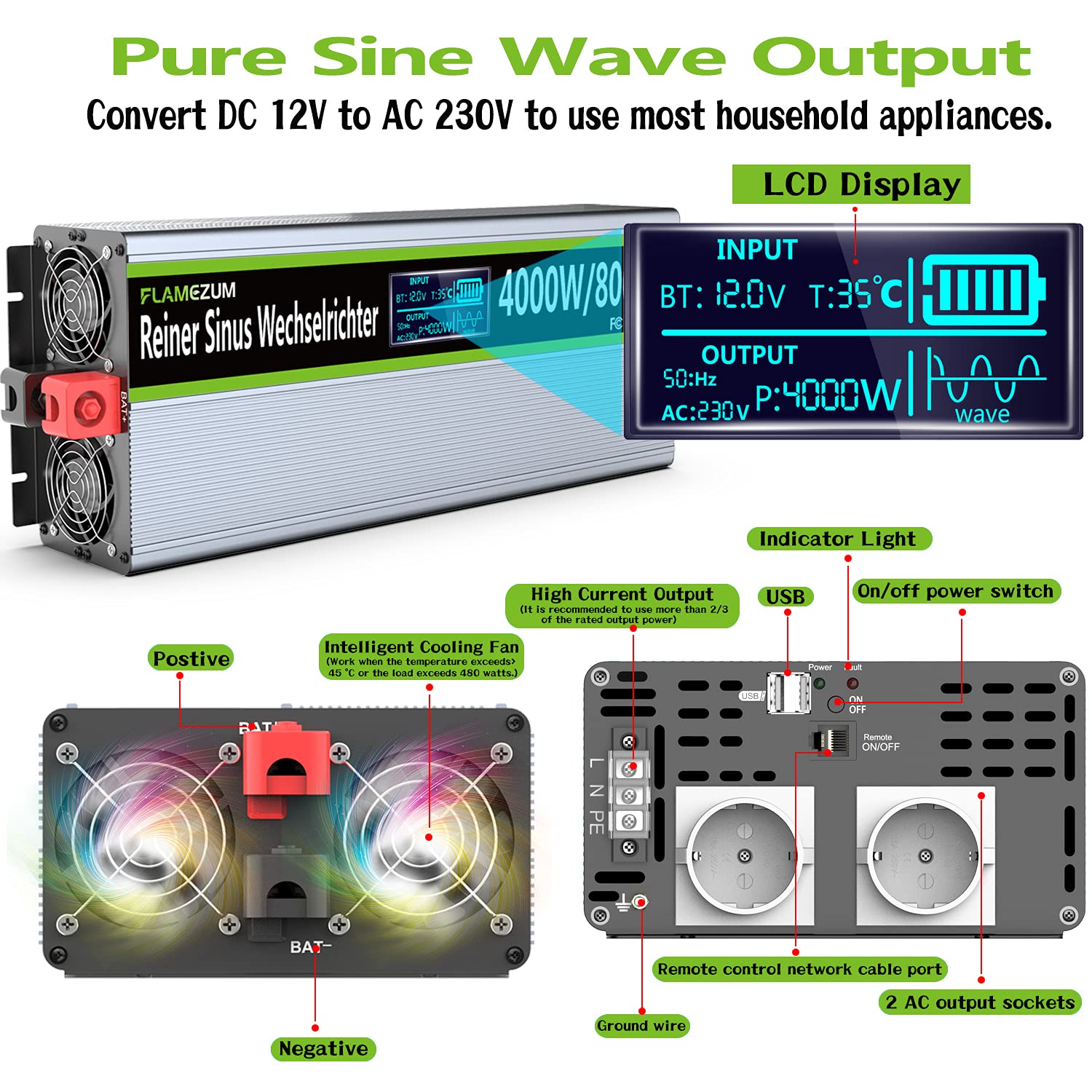 4000W/8000W Power Inverter 12v 220v Onda Pura Transformatore di Tension Convertitore Invertitore di Tensione-2 EU Presa con Uscita USB Telecomando Adatto per frigoriferi,Elettrosega