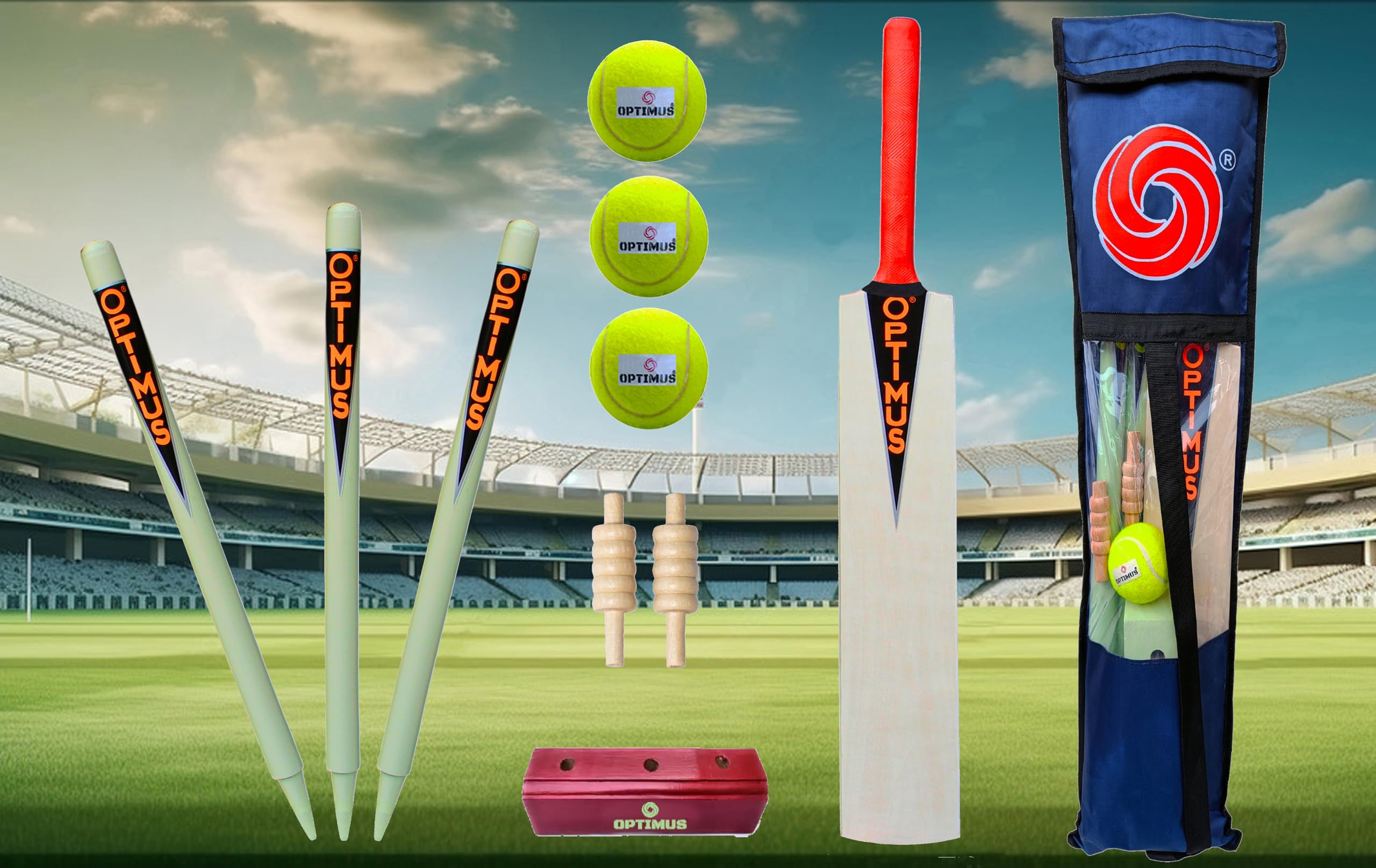 Optimus® Cricket Wooden Kit Combo Set for Kids in Heavy Tetron Cover - Size 2 for 5-6 Year Kids (1 Bat, 3 Tennis Rubber Ball, 3 Wickets, 1 Wicket Base, 2 Bails & 1 Kit Cover) 10A-image-6