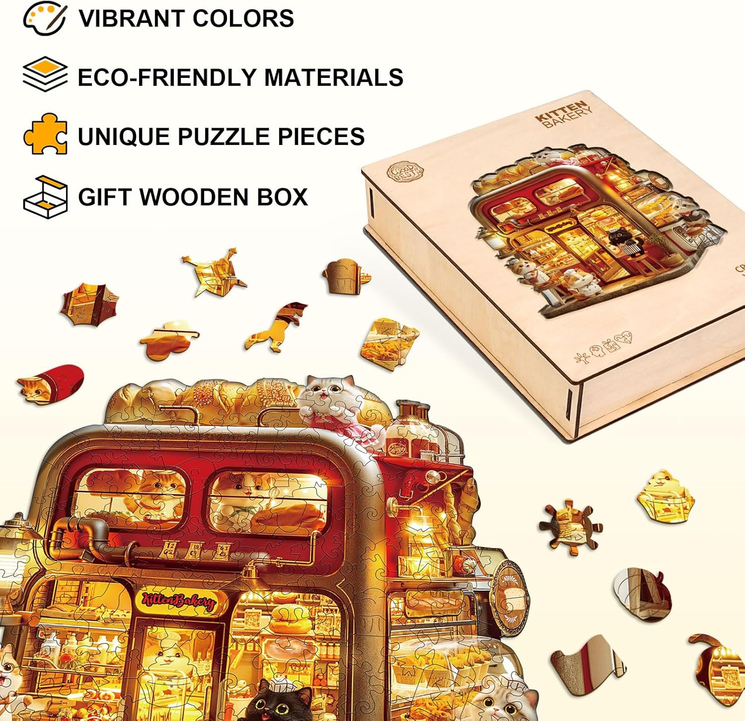 Wooden Puzzle for Adults-Kitten Bakery Wooden Puzzle Unique Shape Advanced Animal Jigsaw Puzzle for Adults, Best Gift, Wood Puzzles, Challenge Wooden Jigsaw Puzzle (M-11.4 * 10.9in-190pcs)