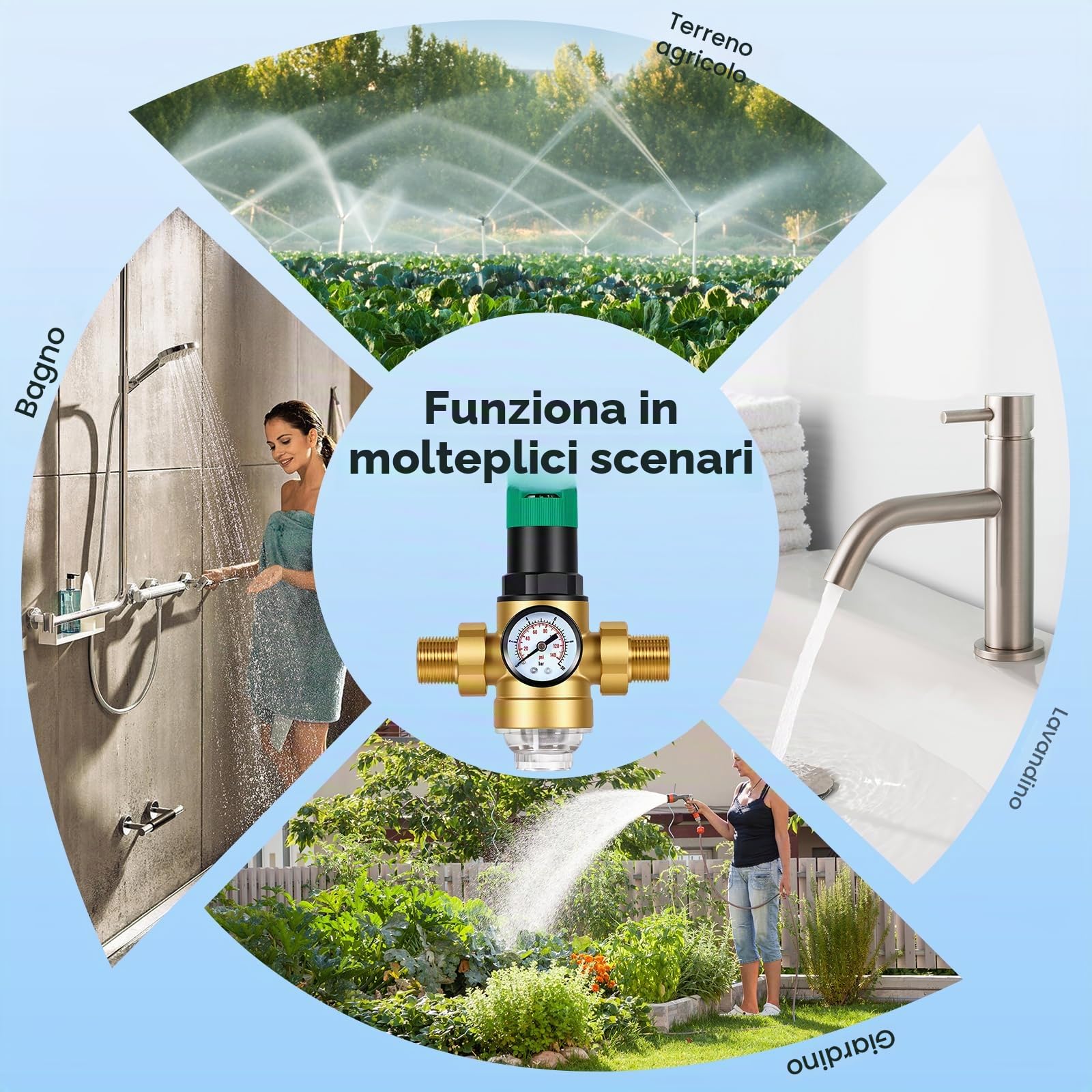 Riduttore di Pressione Acqua 3/4 Pollici, Regolatore di Pressione Acqua in Ottone con Manometro e Filtro a Rete, Riduttore Pressione Acqua Regolabile Adatta per Casa, Giardino, Edifici e Fabbriche