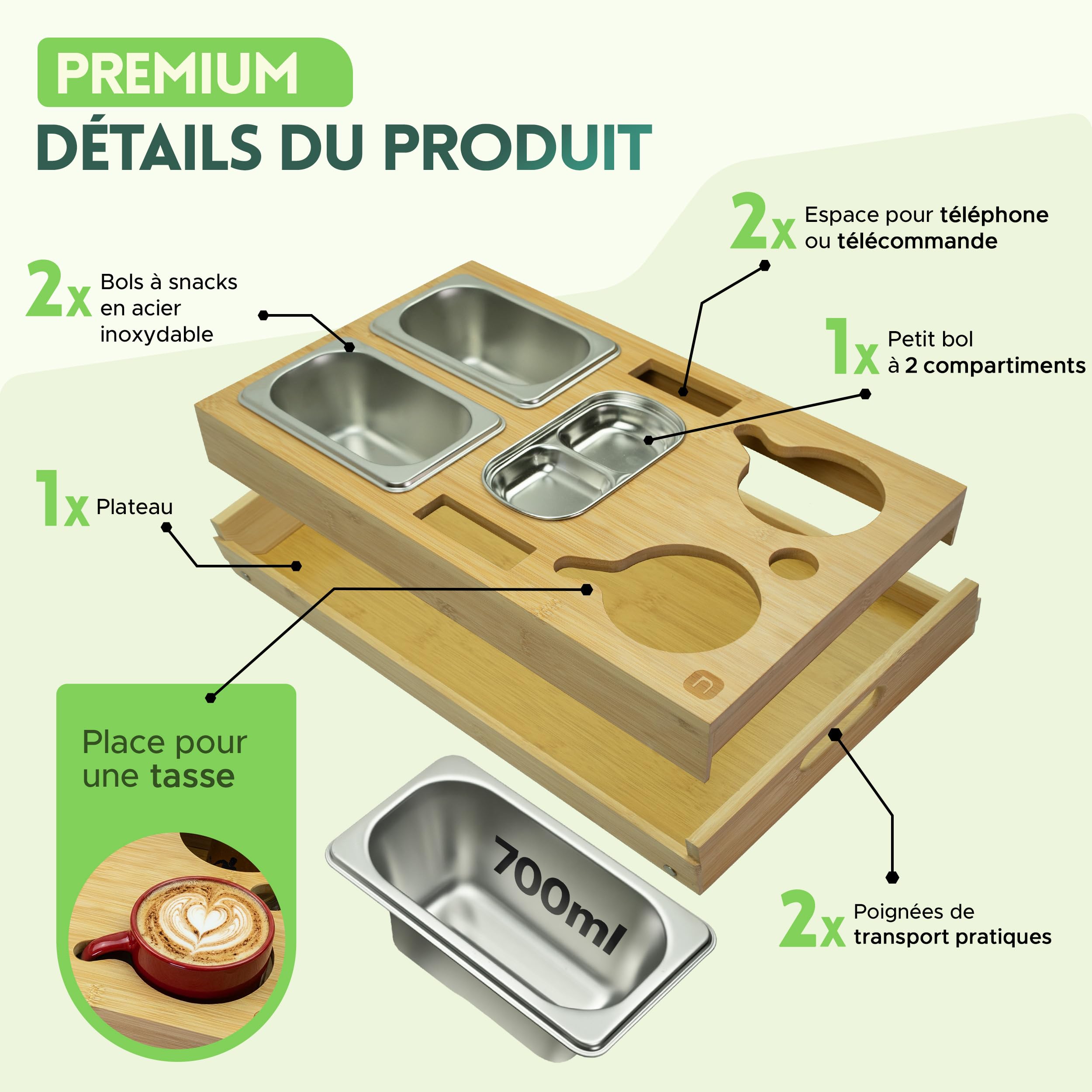 naturlik Plateau Canapé 3-en-1 avec Pieds Pliables – Plateau de Lit XL, Support Ordinateur & Bar de Canapé en Bambou – 3 Bols INOX & Porte-Gobelet – Organisateur Apéro Bois 46x27,5cm