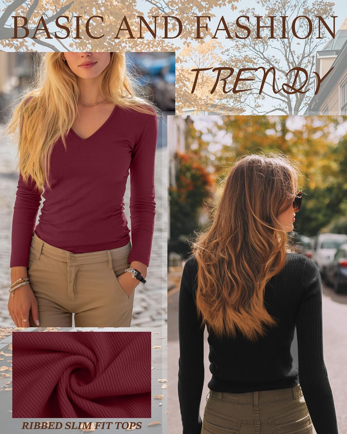 Ficerd 3 Pack Women's Long Sleeve T Shirts Cotton V Neck Slim Fit Tops Ribbed Knit Layering Casual Basic Tees Fall - Image 5