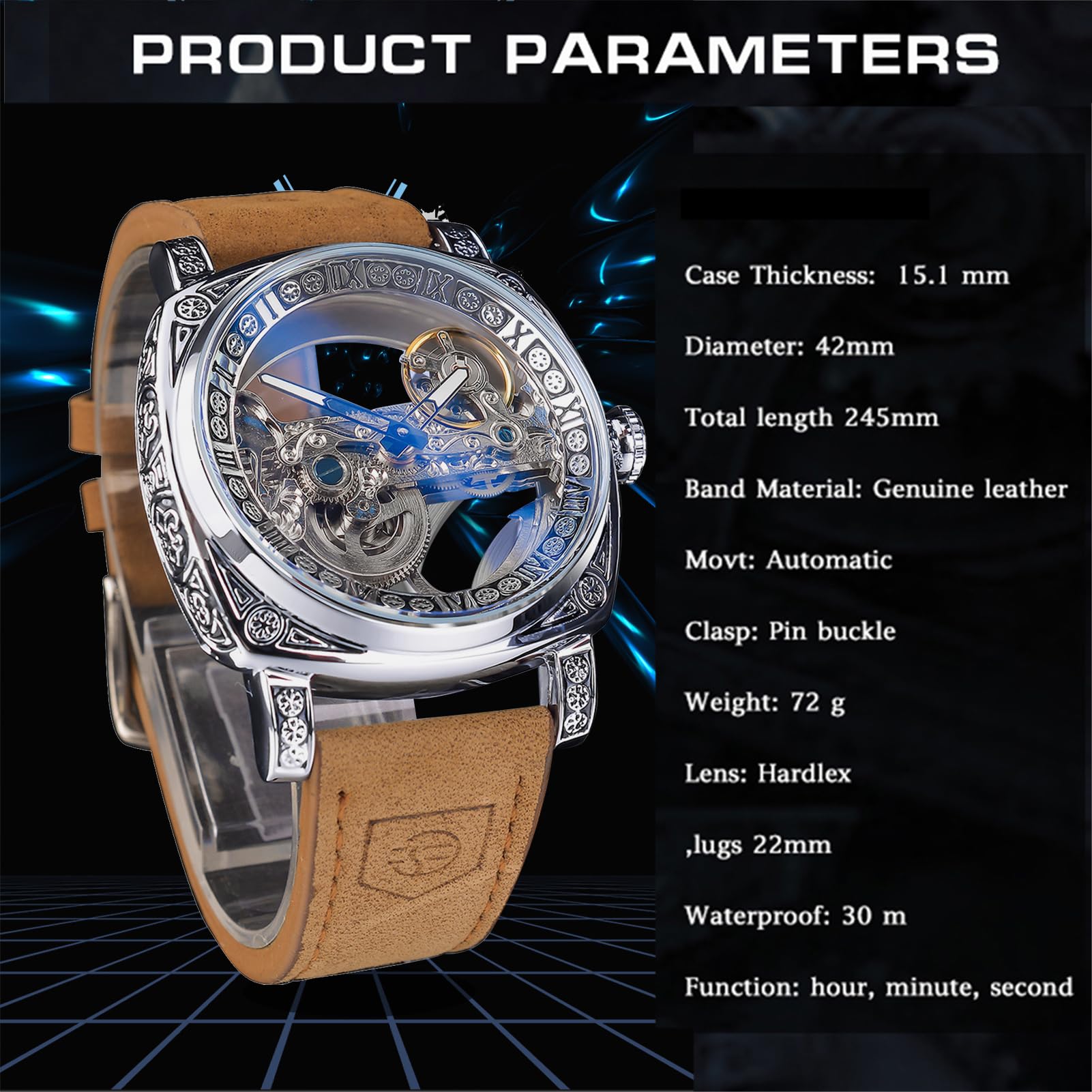 Herren-Armbanduhr, klassisch, modisch, transparent, quadratisches Zifferblatt, Skelett, mechanische Armbanduhr, Lederband, leger, Automatikuhren, leuchtend, wasserdicht