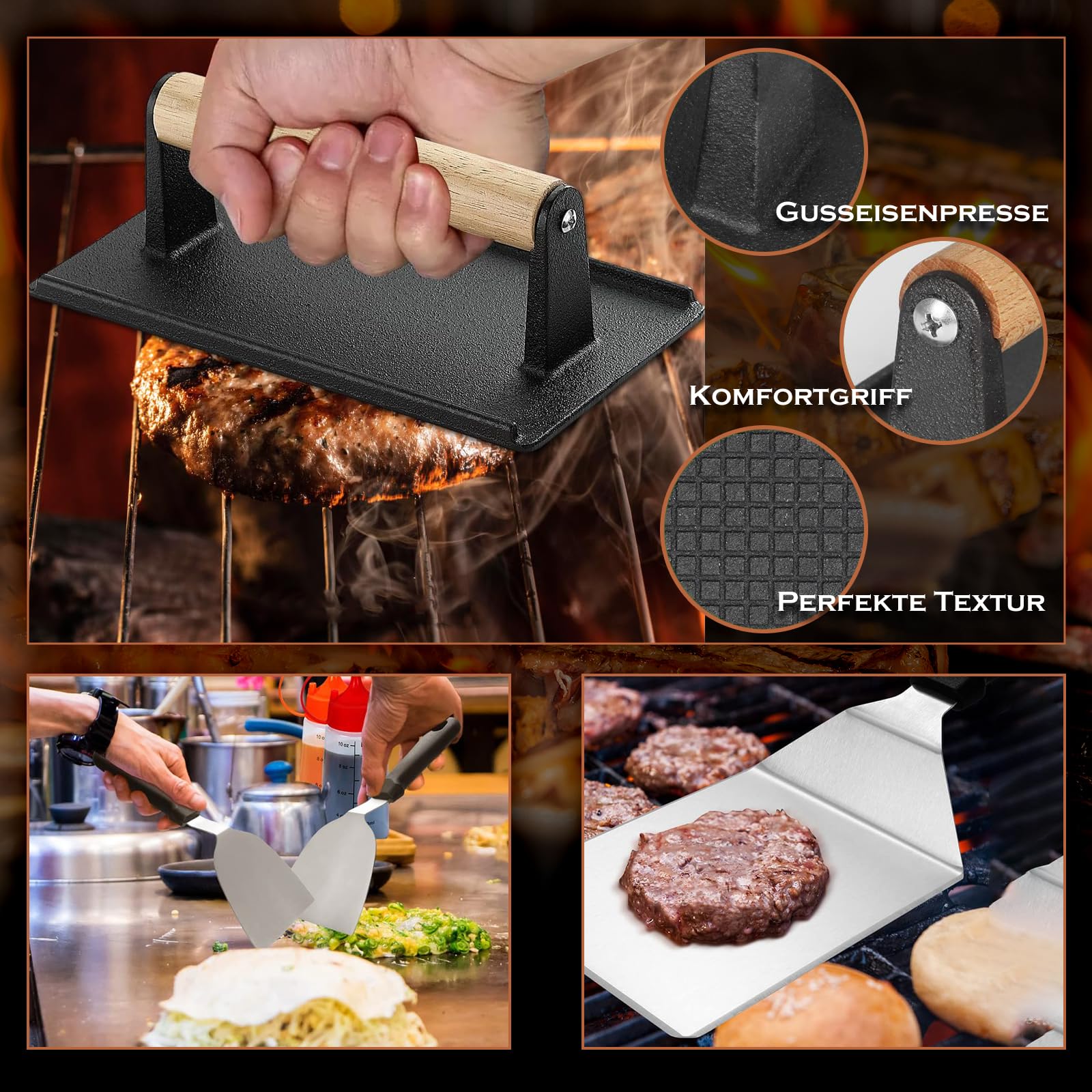 35 Stück Grillspachtel Set aus Edelstahl - Teppanyaki Grillschaufel Set, Smash Burger Set, mit Burger Glocke & Plancha Zubehör, für Grillen, Picknick, Camping
