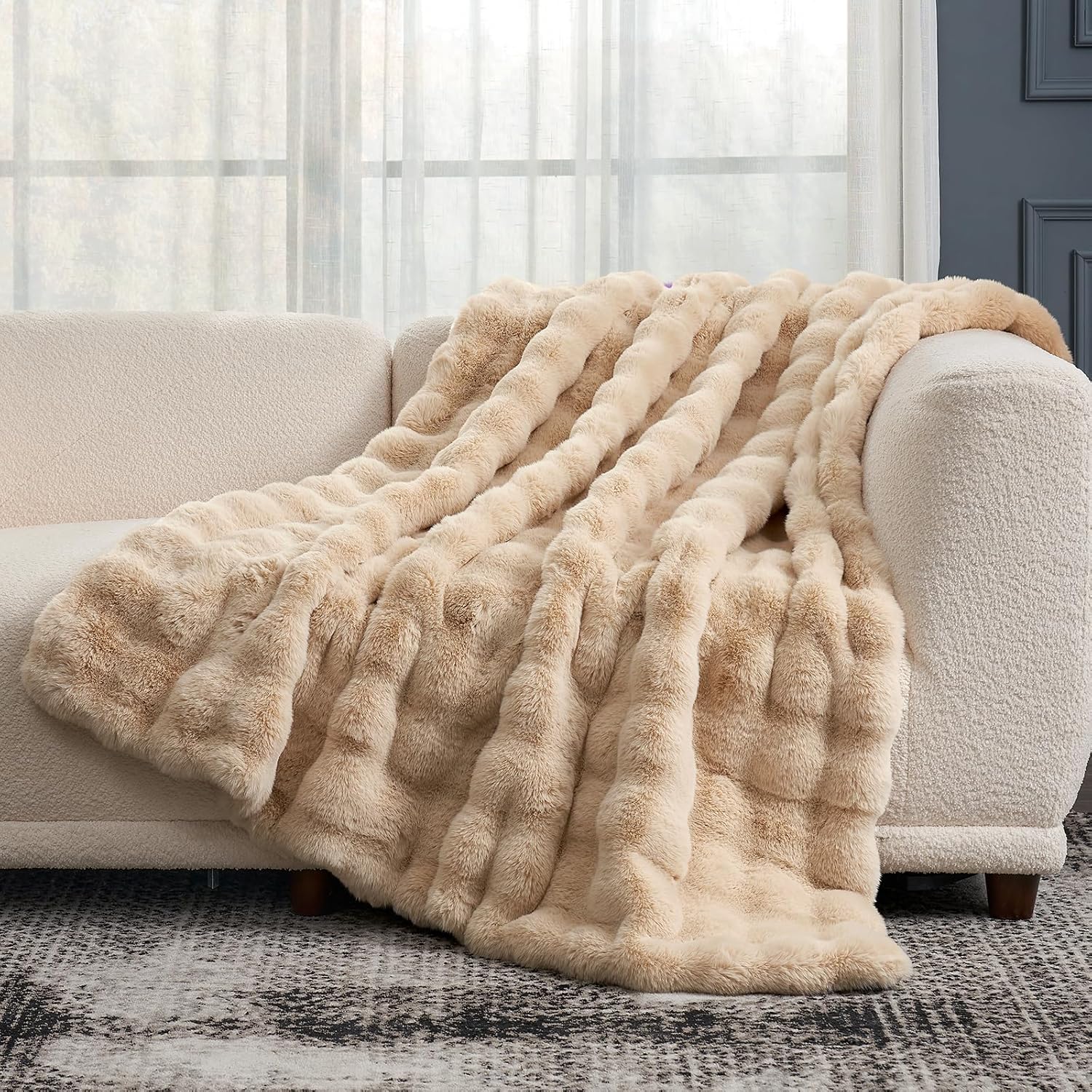 Cozy Bliss Faux Fur Throw Blanket for Couch, Fuzzy Soft Plush Thick Bubble Blanket for Sofa Bedroom Living Room, 60 * 80 Inches Beige - Image 8