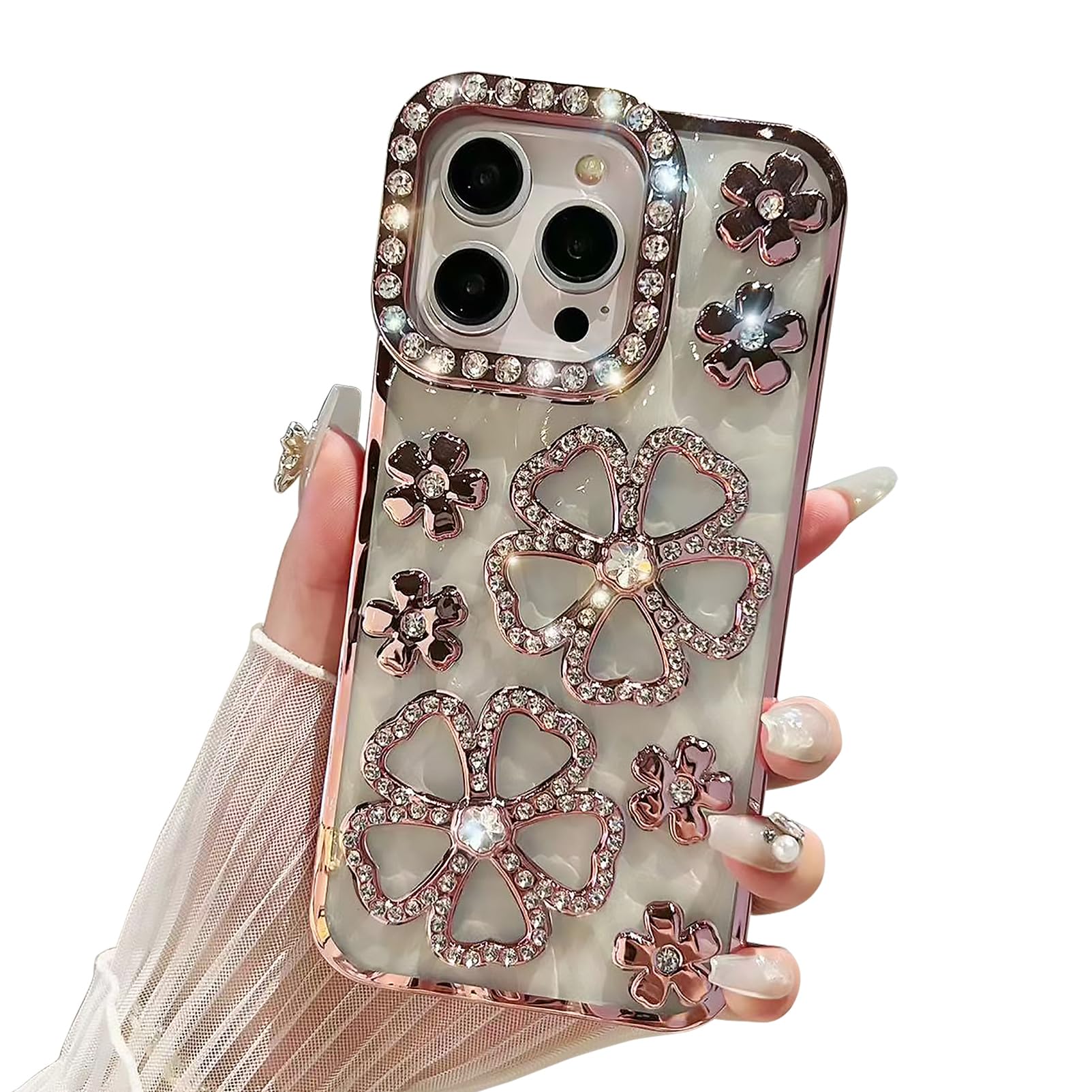 Uioeua Compatible with iPhone 15 Pro Max Flower Case,Cute Glitter Bling 3D Diamond Flower with Luxury Rhinestone Floral Wo...