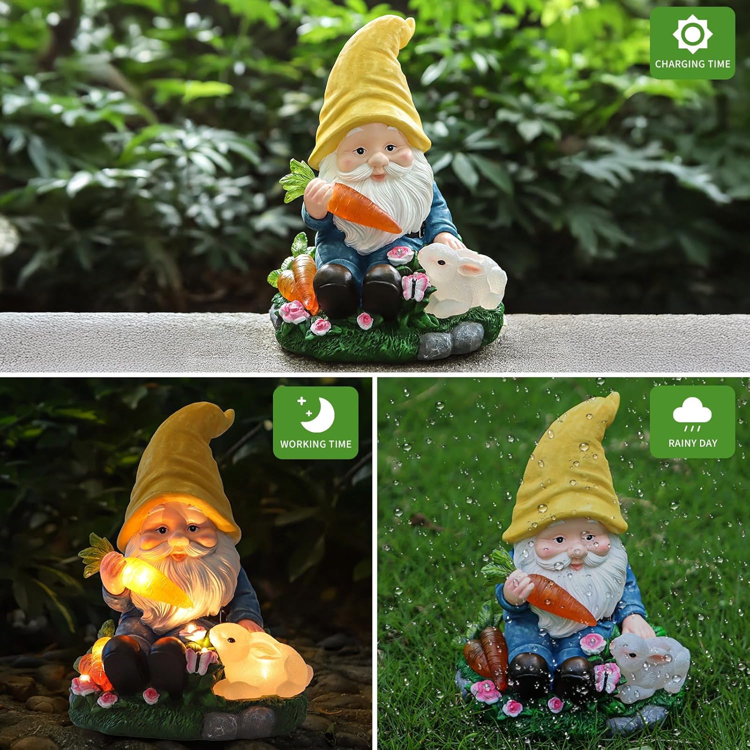 Solar Garden Outdoor Statues Gnome Feeding Rabbit with 6 LED Lawn Decor Outside Decorations for Patio, Balcony, Yard Ornament Unique Garden Gift