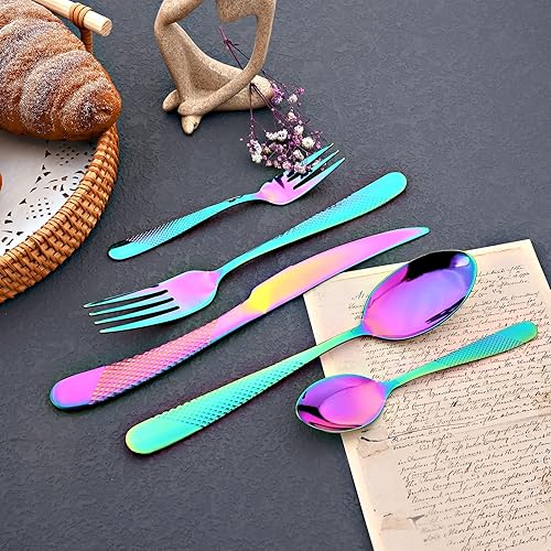 Miniatura 5 de JASHII Rainbow - Juego de cubiertos martillados, 20 piezas de utensilios de cocina de acero inoxidable de alta calidad, para 4, incluye tenedor y