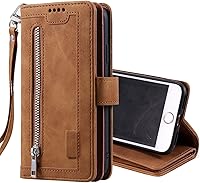 Vista 8 de UEEBAI Funda tipo cartera para iPhone 6 Plus iPhone 6S Plus, retro 9 ranuras para tarjetas con cremallera, funda de cuero sintético con cierre Marrón