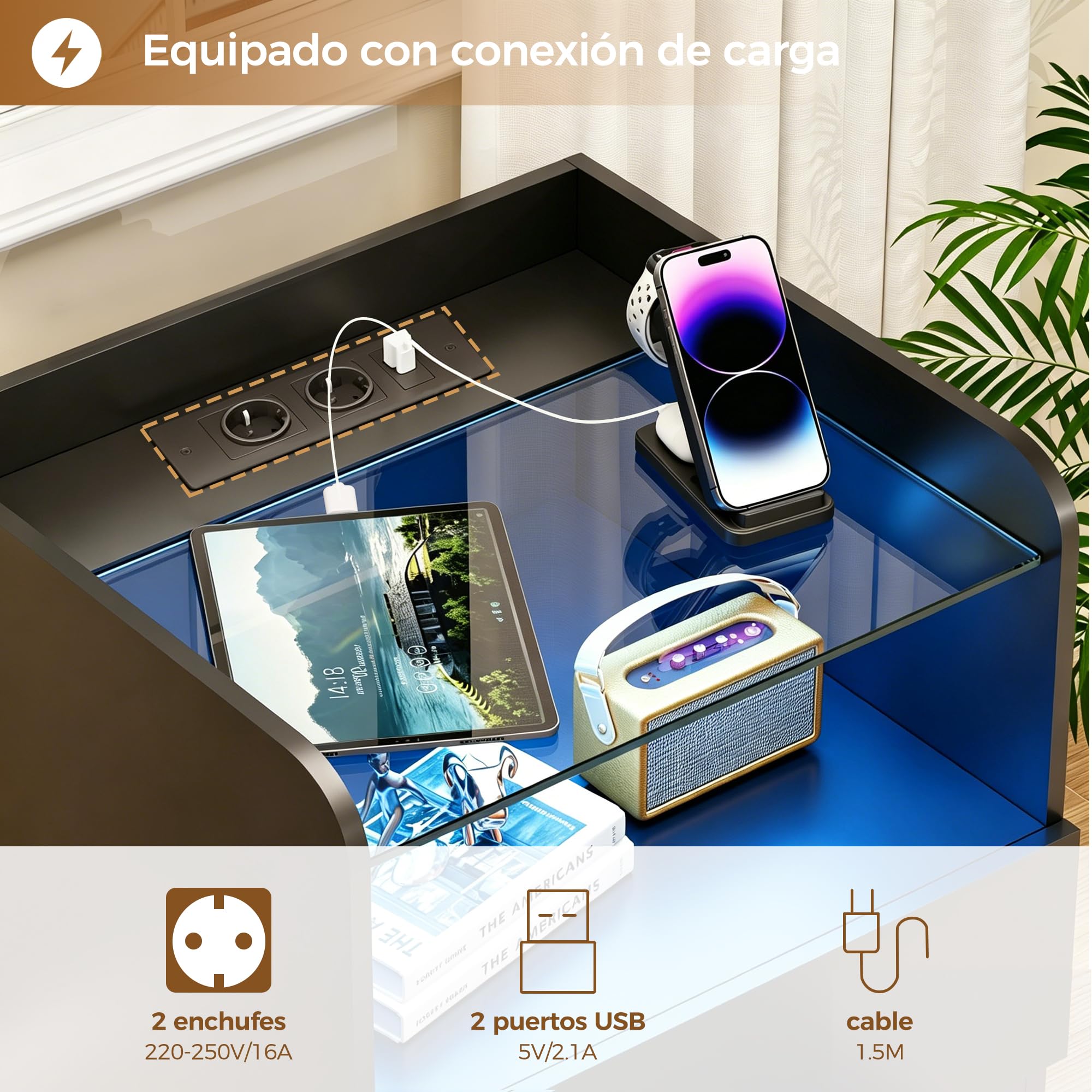 ANWBROAD Juego de 2 Mesitas de Noche con Enchufes Integrado y LED Luces, Mesilla de Noche con Tapa de Vidrio, Mesa Auxiliar con 1 Compartimento Abierto y 2 Cajones,para Salón,Dormitorio,Negro BNS001B