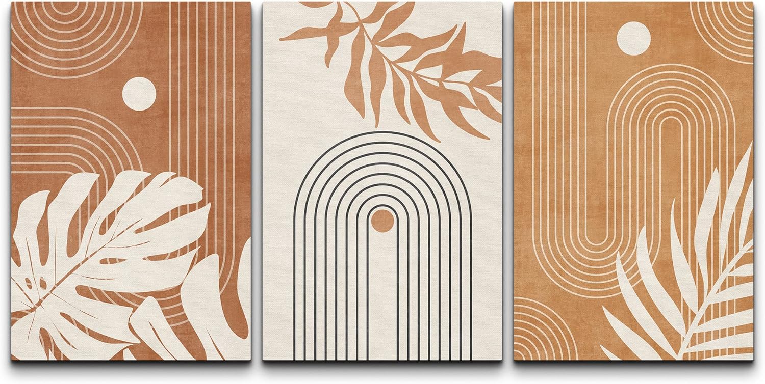 NWT Canvas Print Wall Art Set Mid-Century Tropical Monstera Leaf Abstract Geometric Illustrations Modern Art Decorative Multicolor Calm/Zen for Living Room, Bedroom, Office - 16"x24" x 3