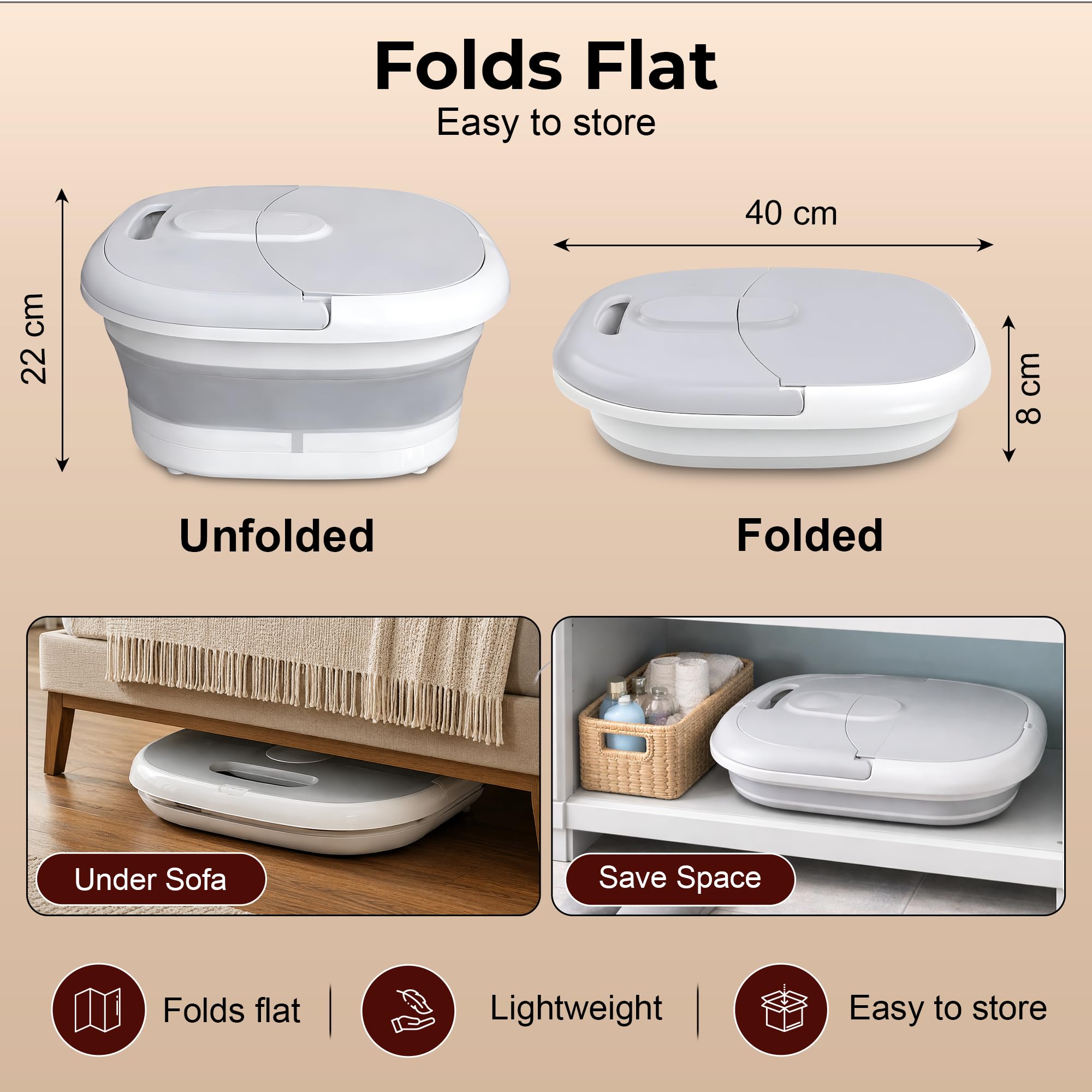 Foldable Foot Massager 500W with Heat, Bubble, Magnetic Therapy - Pedicure Foot Spa Bath with 4 Massage Rollers, Temperature Control, Red Light - Feet Soaking Tub for Relaxation, Stress Relief - Grey