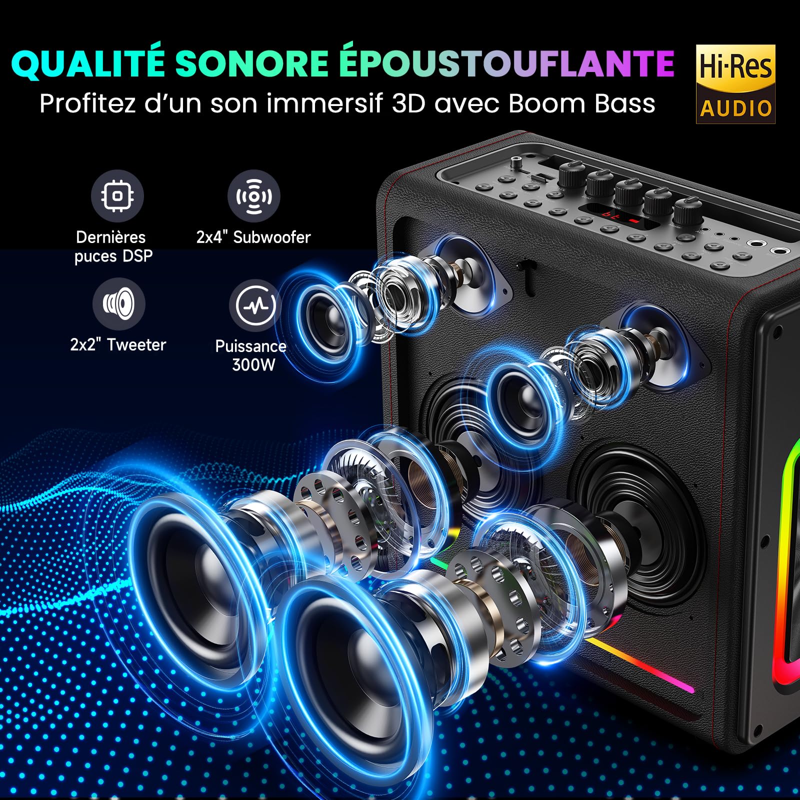 HWWR Machine Karaoke avec 2 Micros sans Fil, Kit karaoké Complet avec LED, 300W Puissance, Autonomie 36h, pour Adulte et Enfants, Système PA Prend en Charge TF/USB, FM, Enregistrement, AUX in et TWS