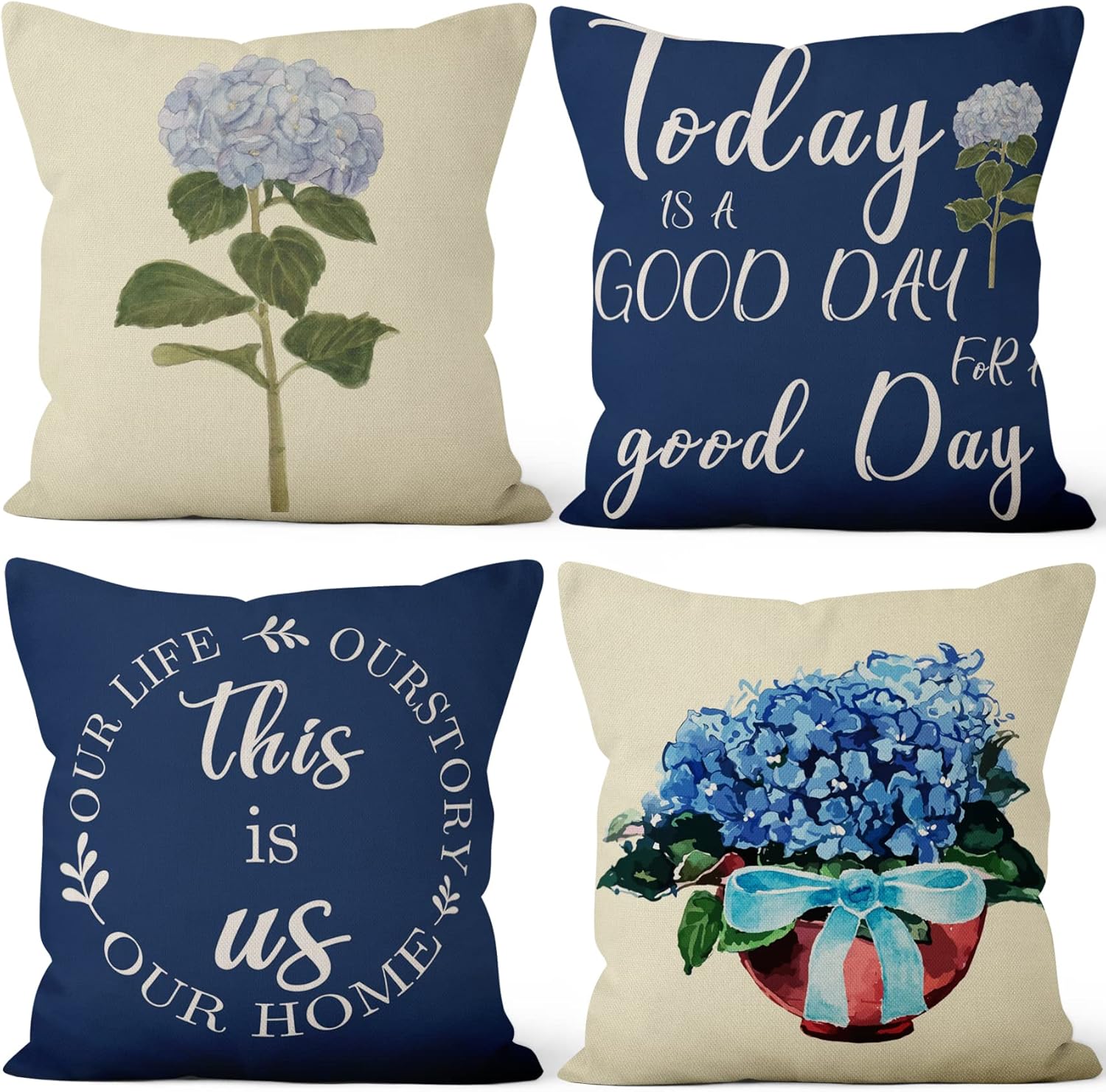 Blue Flowers Throw Pillow Covers 20"x20" Set of 4, Spring Outdoor Pillow Covers Home Decorative Floral Printed Cushion Covers for Couch Sofa Bedroom Farmhouse Livingroom Garden Patio Car