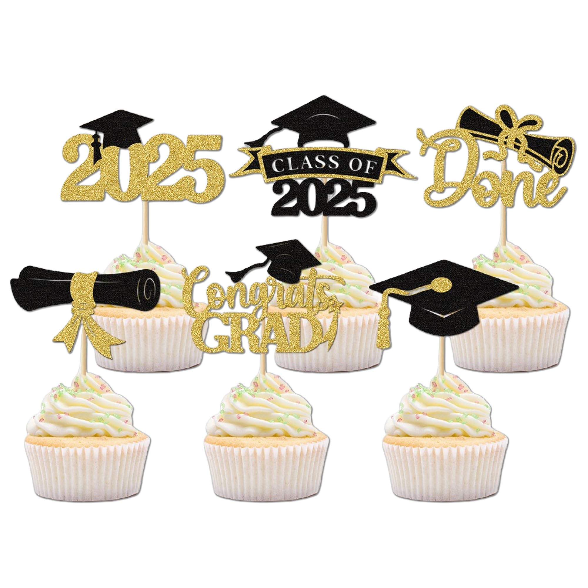 2025 Graduation Cupcake Toppers, 36 pack Glitter Class of 2025 Congrats Grad Cap Diploma Cupcake Picks for Graduation Party Decorating Supplies (Gold)