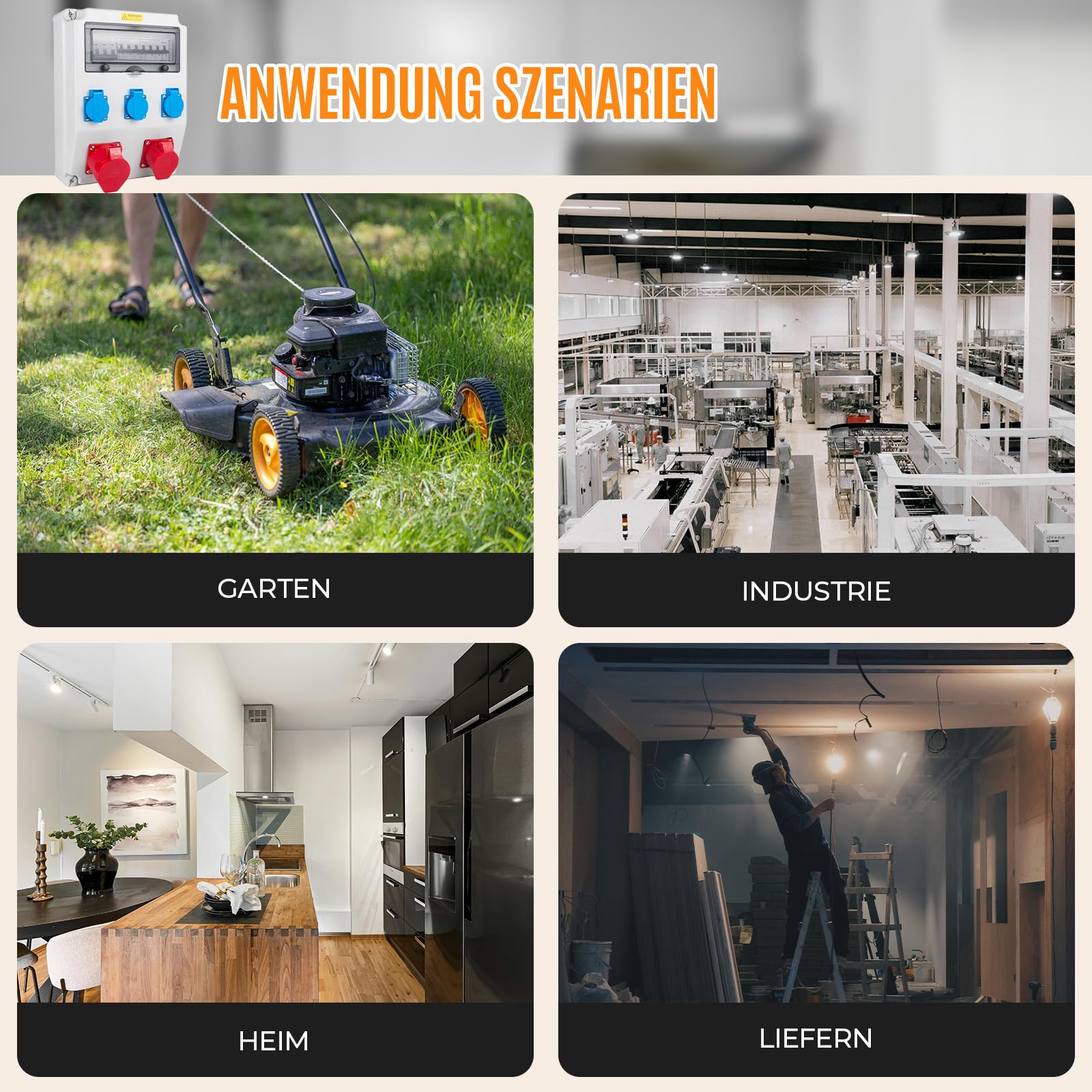 Industrieverteiler für Baustellen FI/LS Schutzsystem IP65 Gehäuse mit Steckdosen IP44 für Baustellen Industrie (1X32A 3X16A 1X40A LS+FI)