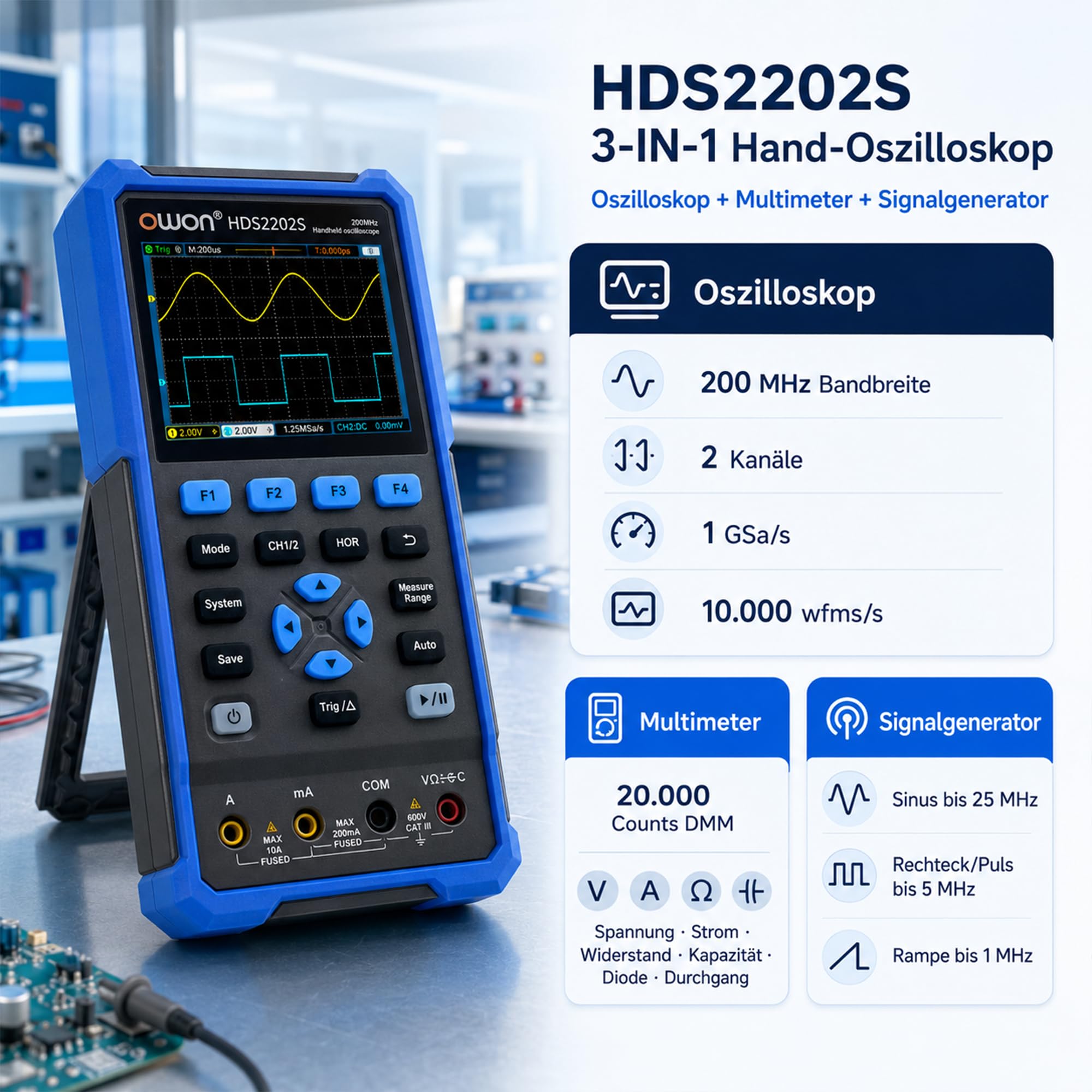 HDS2202S OWON Oszilloskop 3 in 1 Handoszilloskop 200MHz Bandbreite 1GS/s Abtastrate + 4 1/2 Stellen Multimeter+ 25MHz Signalgenerator 3,5" LCD mit einstellbarer Helligkeit