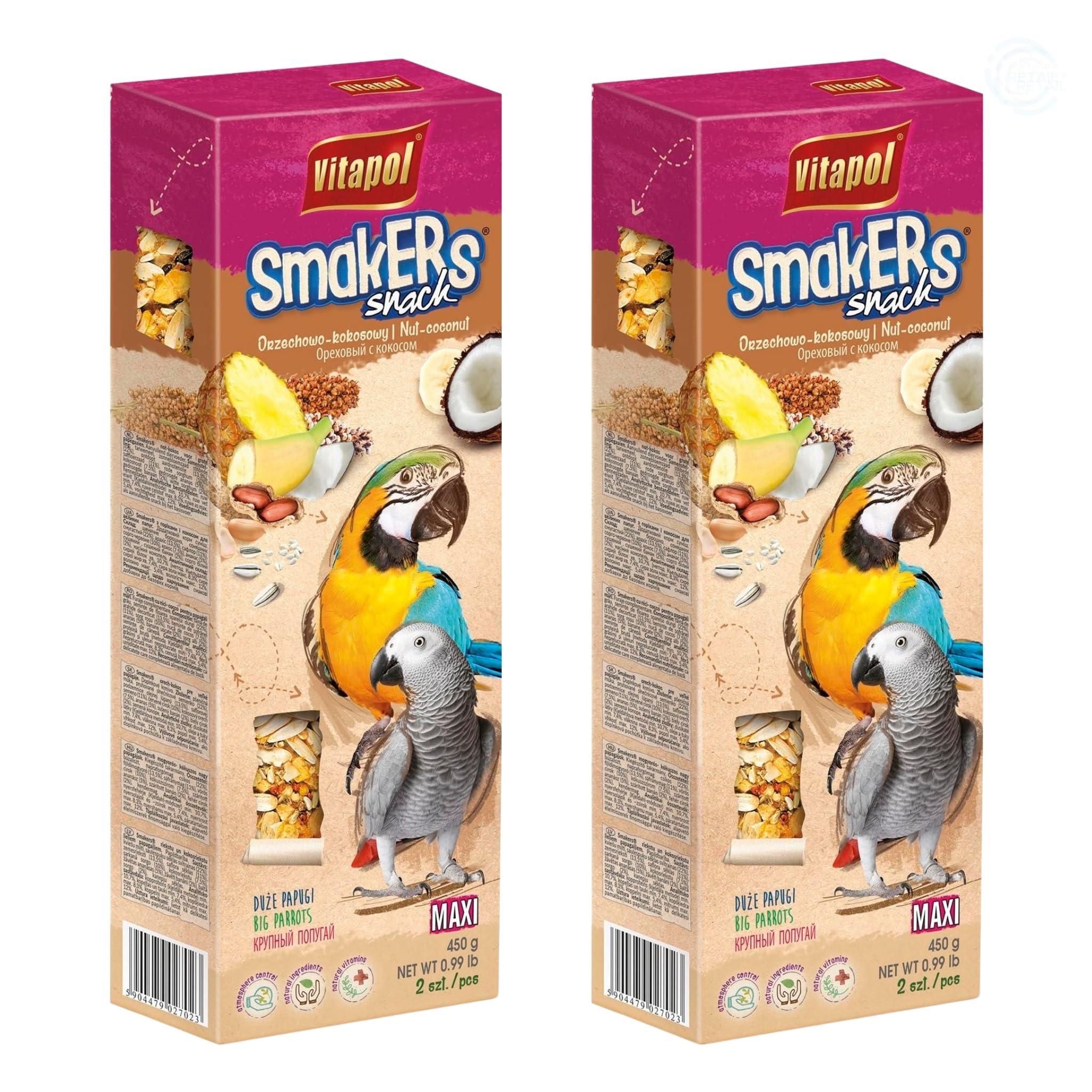 Vitapol Smakers® Parrot Treat Sticks – Variety of Snacks for Budgies, Cockatiels & Large Parrots | Natural Fruit, Egg, Honey, Seed | Vitamin-Rich Snacks, Health & Plumage Support (Nut-Coconut, 2.7kg)