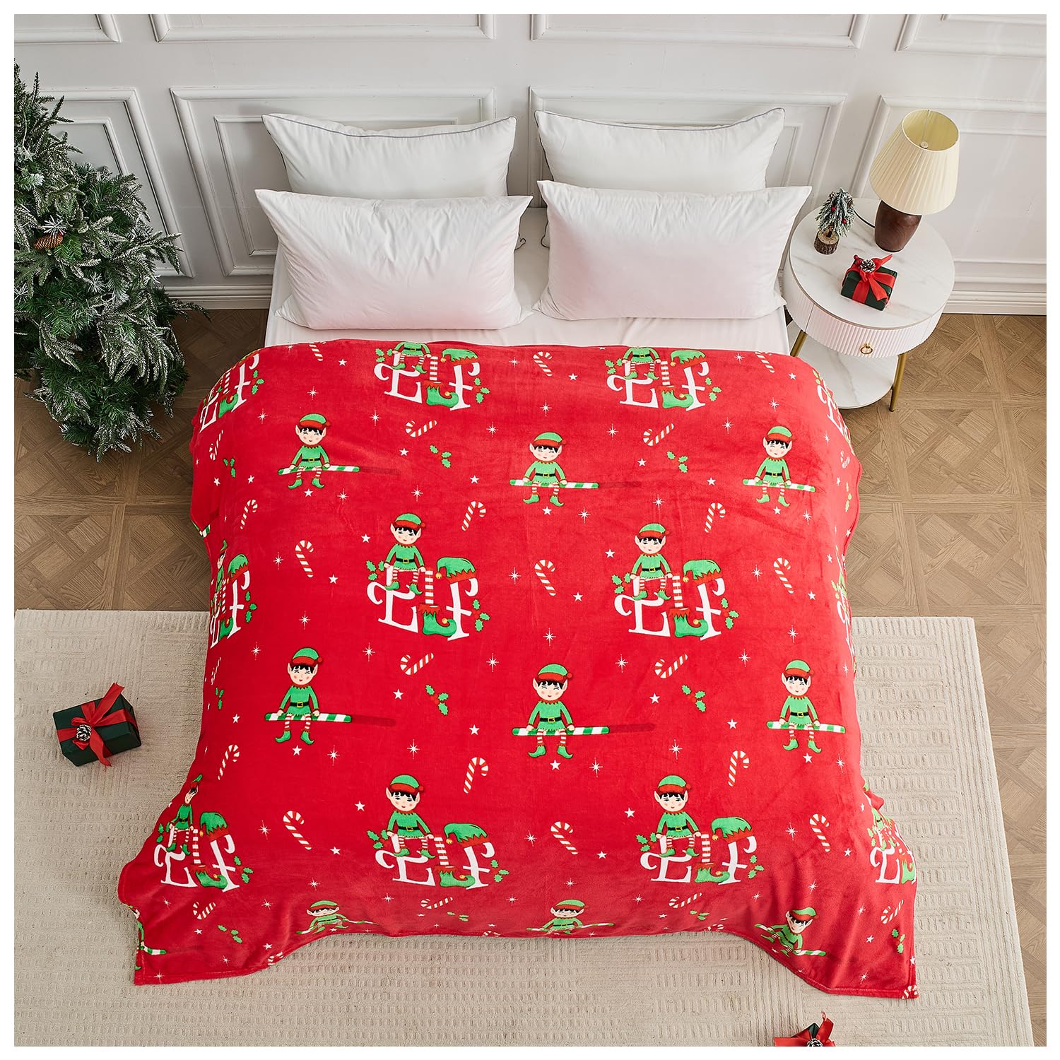 GC GAVENO CAVAILIA Xmas Soft Lightweight Elf Gift Throws for Couch - Flannel Fleece Xmas Throw 230 x 230cm - Cuddly & Fluffy Sherpa Warm Christmas Sofa Bed Blanket - Multi