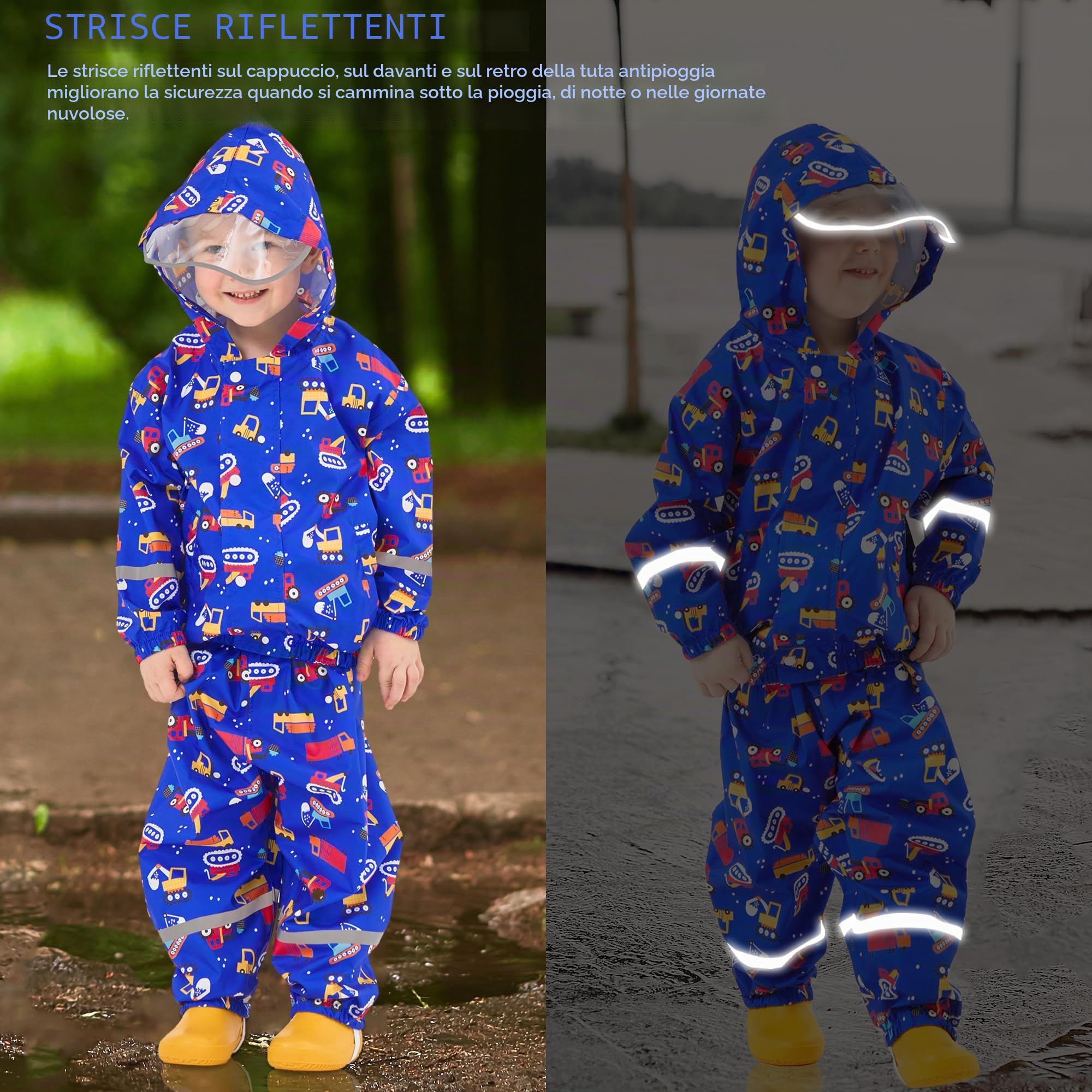 Fewlby Tuta Impermeabile Bambino, Giacca Antipioggia & Pantaloni Impermeabili 2 Pezzi Set, Tuta Pioggia Ragazze Ragazzi Impermeabile con cappuccio Pantaloni, 3-4 anni