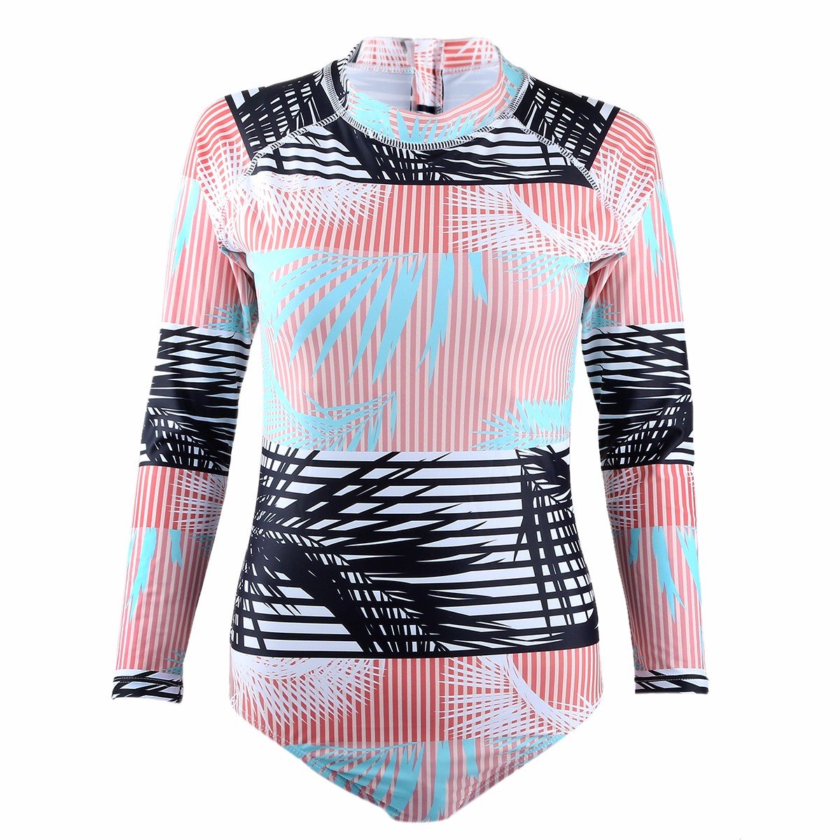 squaregarden One Piece Swimsuits for Women,Sun Protection Long Sleeve Rash Guards Surfing Beachwear(L(US 6),Red & Black Stripe)