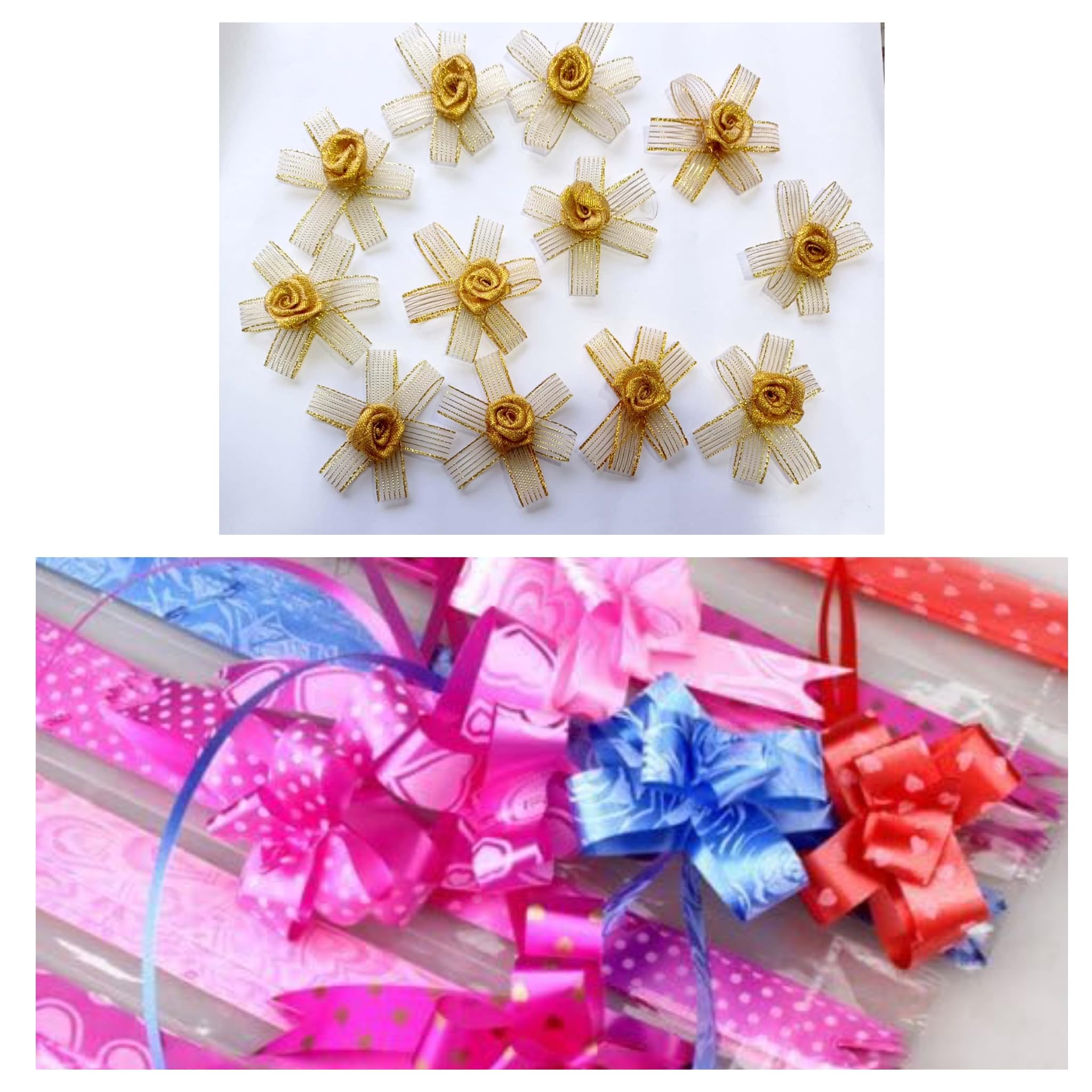E - Buddies 12pc Golden Bow and 20pc Flower Pull Ribbon for Gift Wrap & Decoration Multicolor (Pak of 32pc).