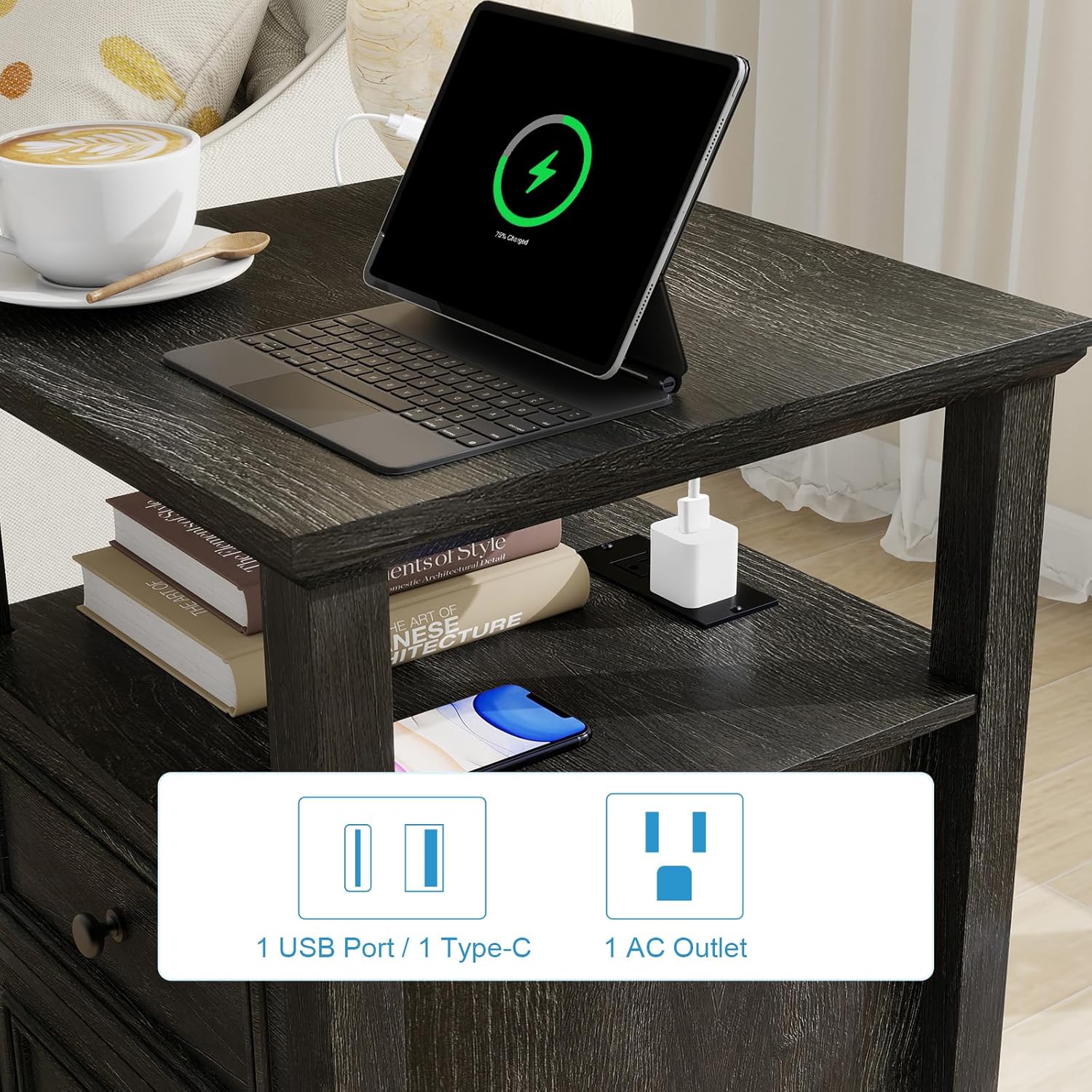 Vipbear Farmhouse Nightstand 18" Dark Gray End Table with Charging Station & 2 Drawers, Rustic Bedside Table with Storage Shelf for Bedroom, Living Room,18.1" D x 18.1" W x 24.2" H