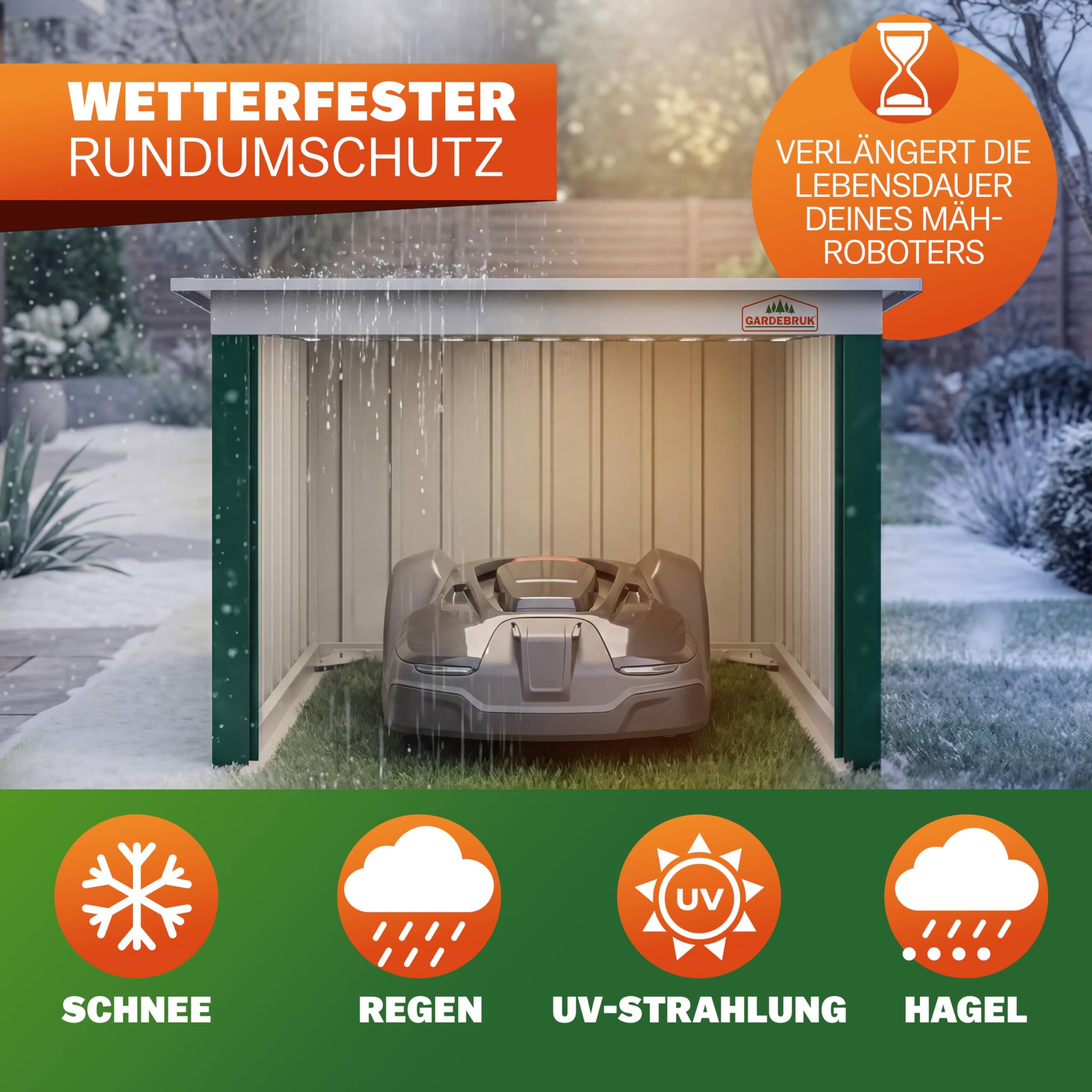 Gardebruk® Mähroboter Garage 89x90x54cm Pultdach Metall Wetterbeständig Dach klappbar 4X Erdanker Carport Regenschutz Rasenroboter Grün