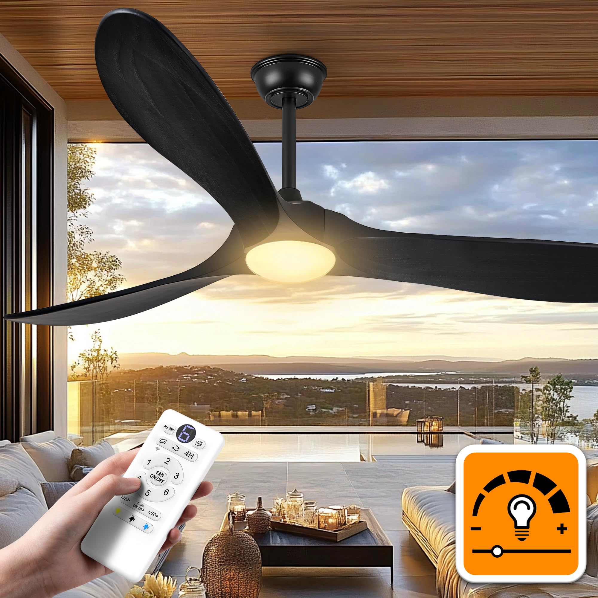 Haipeel 52 Inch Black Outdoor Ceiling Fans with Lights, Wood 3 Blades Outdoor Fan with Light and Remote Control Modern Propeller Ceiling Fans for