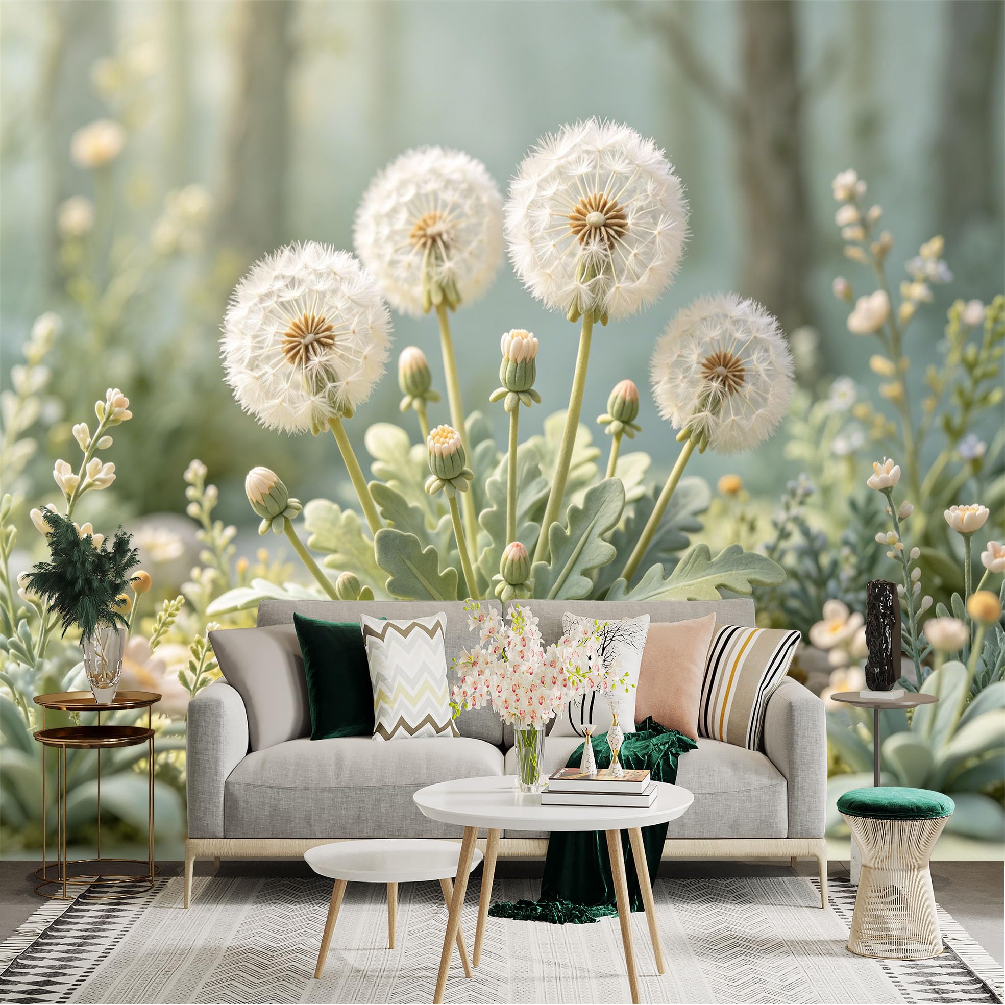 Custom Size Wall Sticker Mural， White Fluffy Dandelion Seeds， Soft Focus Spring Meadow， Botanical Nature Art， for wall Decoration， peelandstick wall Decals.