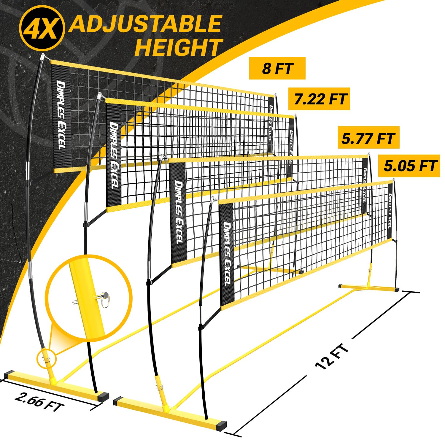 Dimples Excel Red de Voleibol portátil para Exterior 12x8 FT, Equipo de Entrenamiento Ajustable para Adultos en el Patio