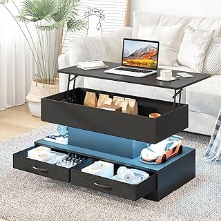 Advwin Lift Top Coffee Table with LED Lights Hidden Large Compartment and 2 Storage Drawers, Rectangle Wood Central Table ...