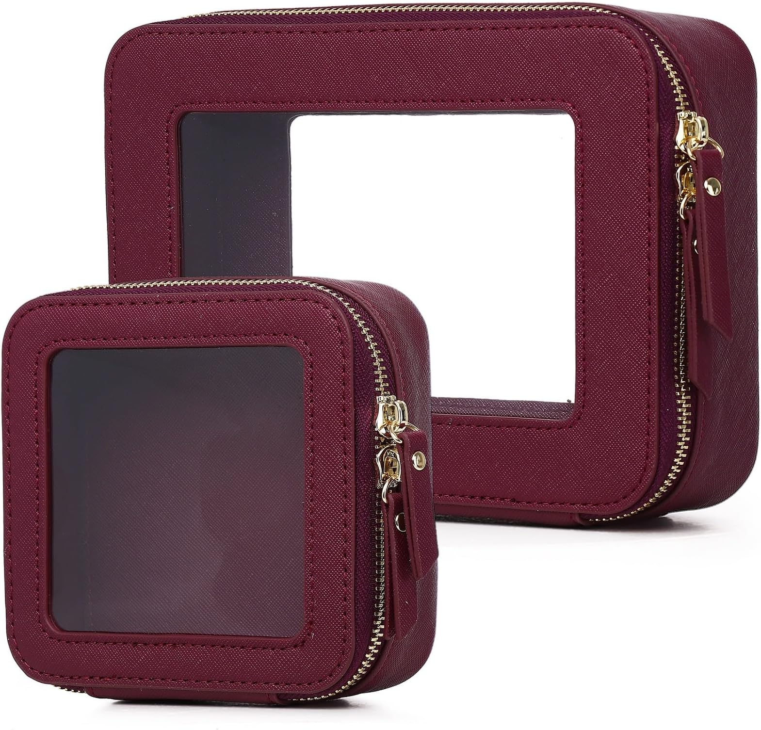 Clear Makeup Bag Set Travel Cosmetic Bag and Toiletry Bag Women's Purse Pouch Cosmetic Stroage Organizer Case with Zipper Car Essentials (Burgundy, M+Mini)