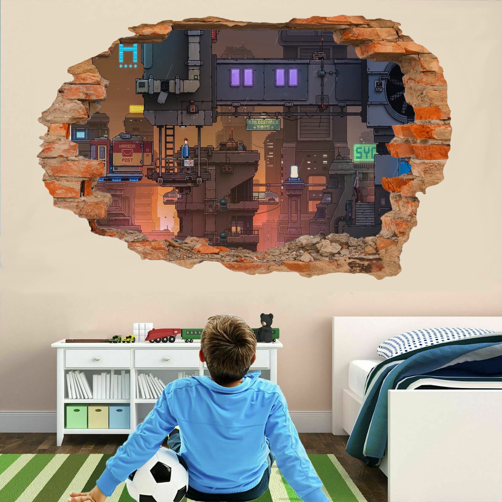 Ciudad Tatuajes De Pared Wall Tattoo 3D Smashed Abstracto Adhesivo De Pared Extraíble Calcomanías Murales Para Habitaciones Moderno Niñas Niños Dormitorio Mural Decoración Para El Hogar 80x120cm